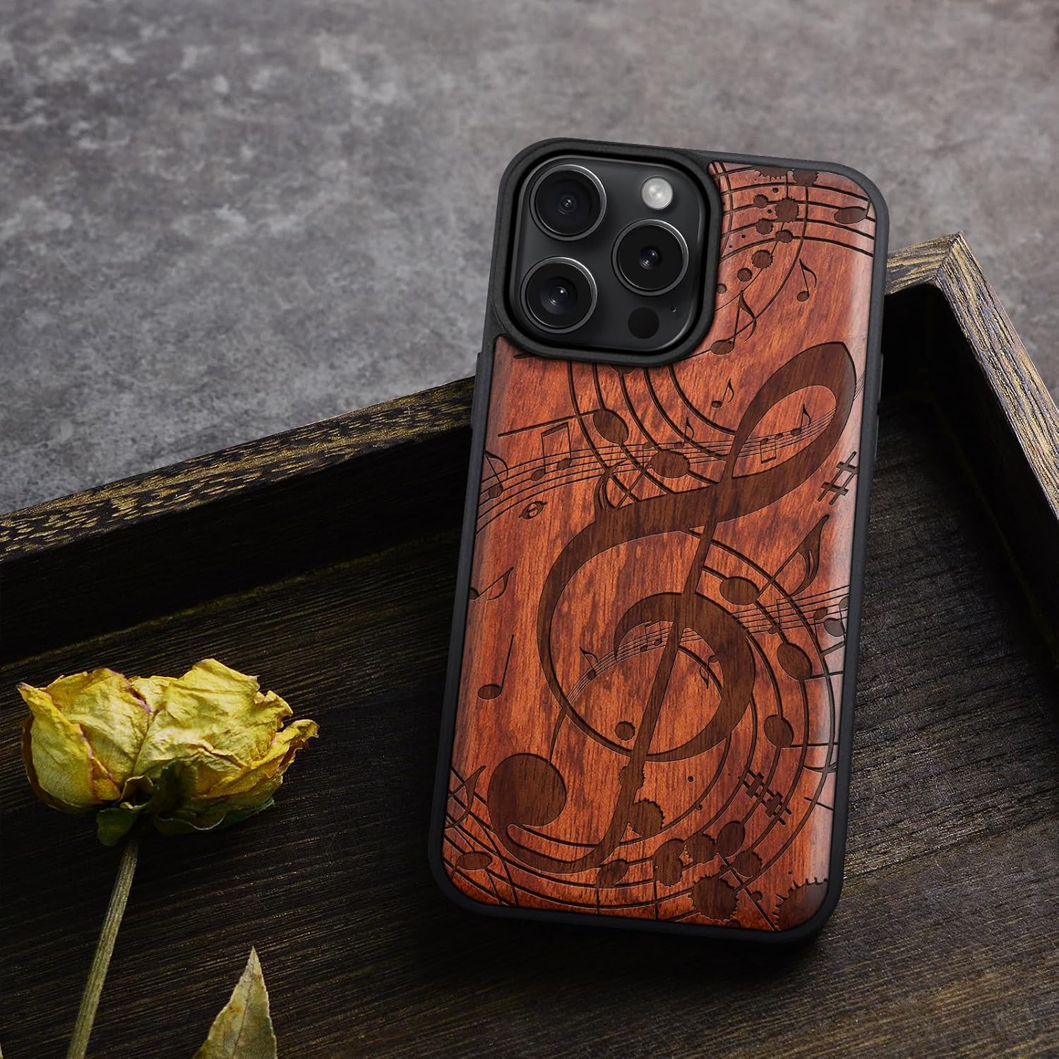 Carveit Magnetic Wooden Case for iPhone 16 Pro Max Case, Wood Artisan Engraved & Black Soft TPU Shockproof Cover, Compatible with MagSafe Wireless Chargers (Musical Notes) Rosy