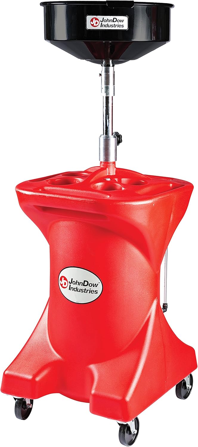 JohnDow Industries JDI-27GFD 27 Gallon Pump Assist Portable Oil Drain, 16 inch Diameter Centered Funnel, Adjustable Funnel Height of 45 in. to 70 in. With Molded in Tool Tray for Oil Filters and Tools