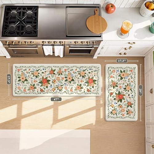 Miniatura 2 de KIMODE Tapetes de cocina para suelo antifatiga, alfombras florales blancas para suelo de cocina, tapetes acolchados de cocina para piso, 2 piezas