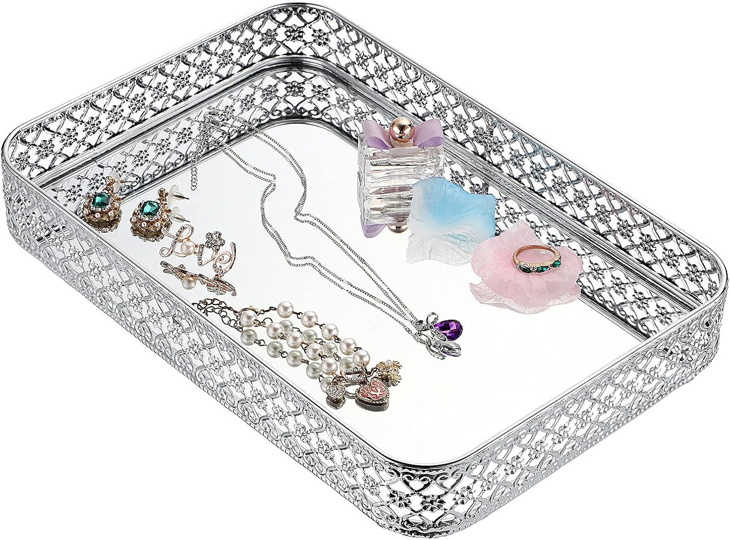 ELLDOO Perfume Mirror Tray Vanity Makeup Hollow-Carved Jewelry Organizer Glass Metal Trinket Storage Tray Home Decor Organizer for Dresser Bathroom Countertop,Silver,Medium Size - Image 8