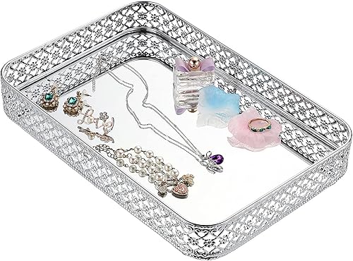 Miniatura 8 de ELLDOO Bandeja para Espejo de Perfume de Tocador, Bandeja de Maquillaje, Organizador de Joyería Tallado en Hueco, Bandeja de Almacenamiento de