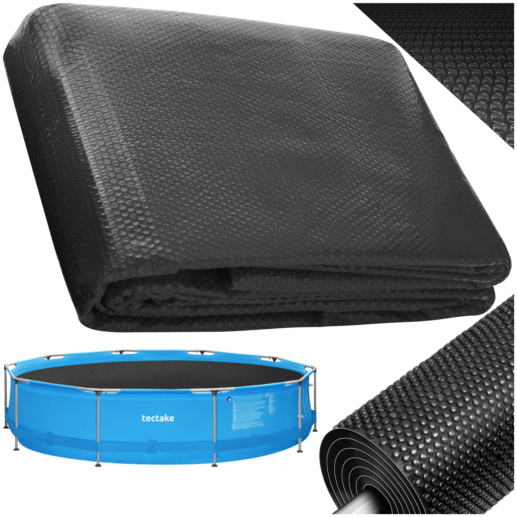 tectake® Poolabdeckung rund Ø 455 cm, 110 µm Stärke, zuschneidbar, selbstschwimmend, Solarabdeckung, Abdeckplane Pool, Sicherheitsabdeckung, Poolfolie, Schwimmbadabdeckung - schwarz