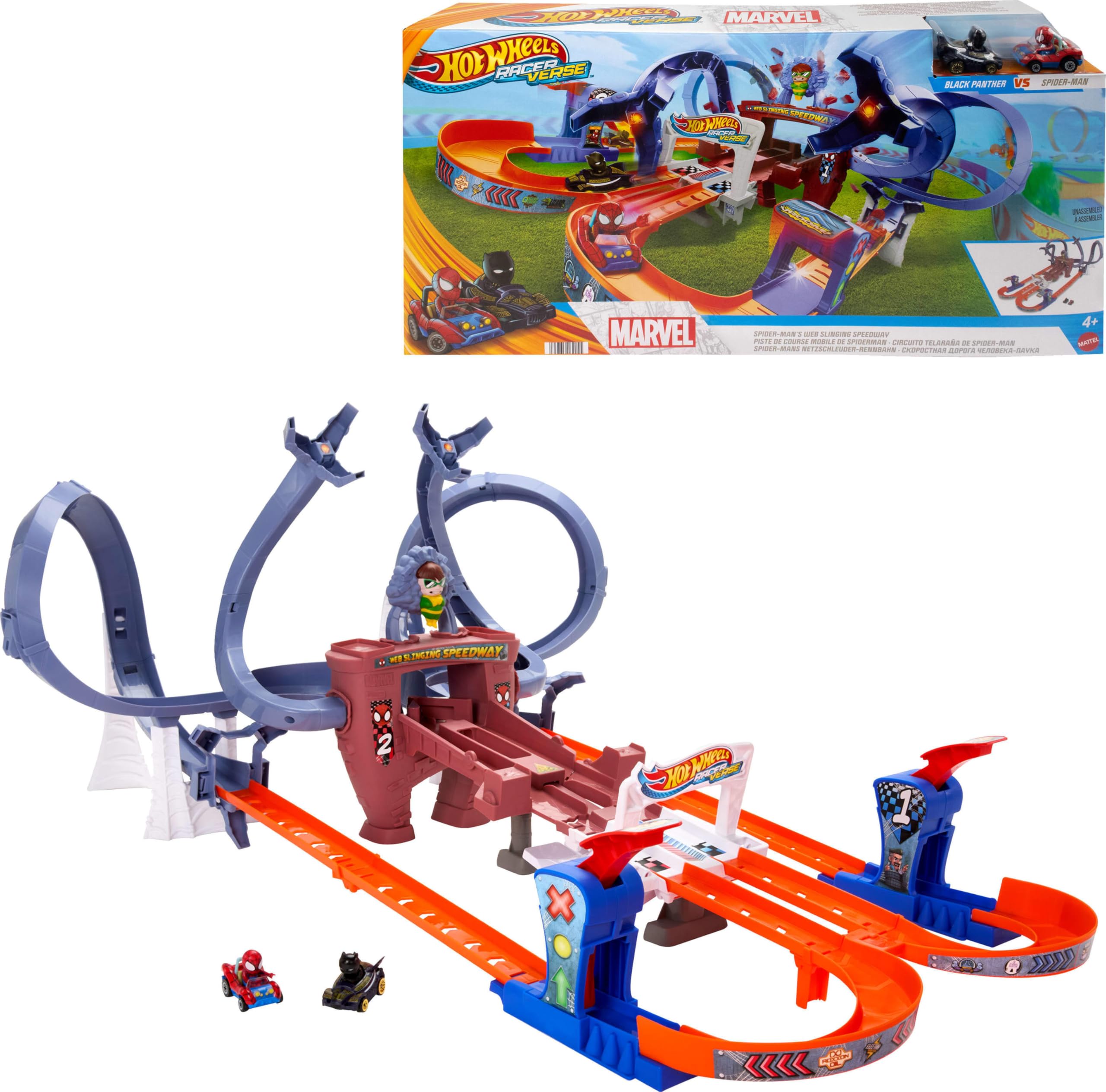 RacerVerse Spider-Man’s Web-Slinging Speedway Track Set with Hot Wheels Racers Spider-Man & Black Panther, Multi-Lap Race to Escape Doc Ock, HTM08