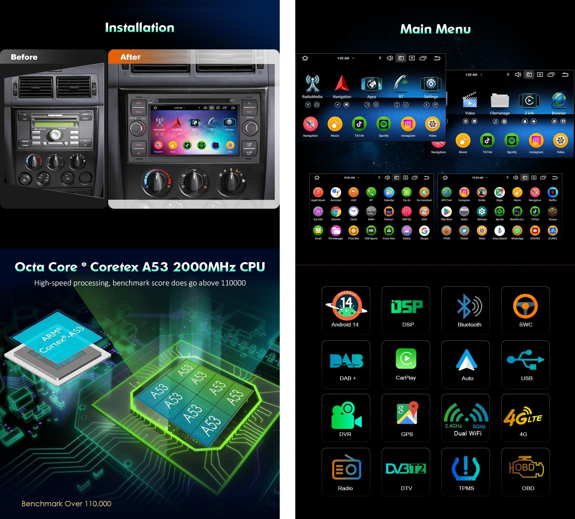 Erisin Android 16 8-Core 4GO+64GO DVD Autoradio GPS pour Ford C-Max S-Max Focus Galaxy Kuga Connect Fiesta Transit 7" Écran Tactile Bluetooth 5.0 sans Fil CarPlay Android Auto Dab+ FM Radio DSP WiFi