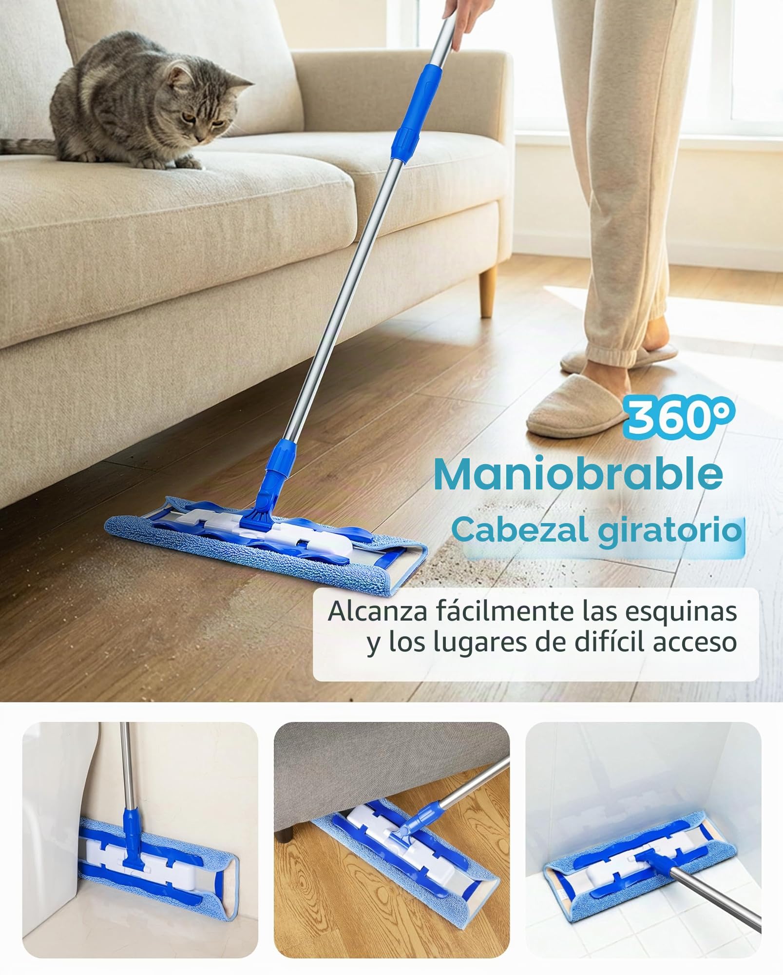 MR.SIGA Mopa Profesional de Microfibra para Limpiar Suelos de Madera, laminados y baldosas, Mango telescópico de Acero Inoxidable - 3 recambios de mopa Plana Reutilizables incluidos