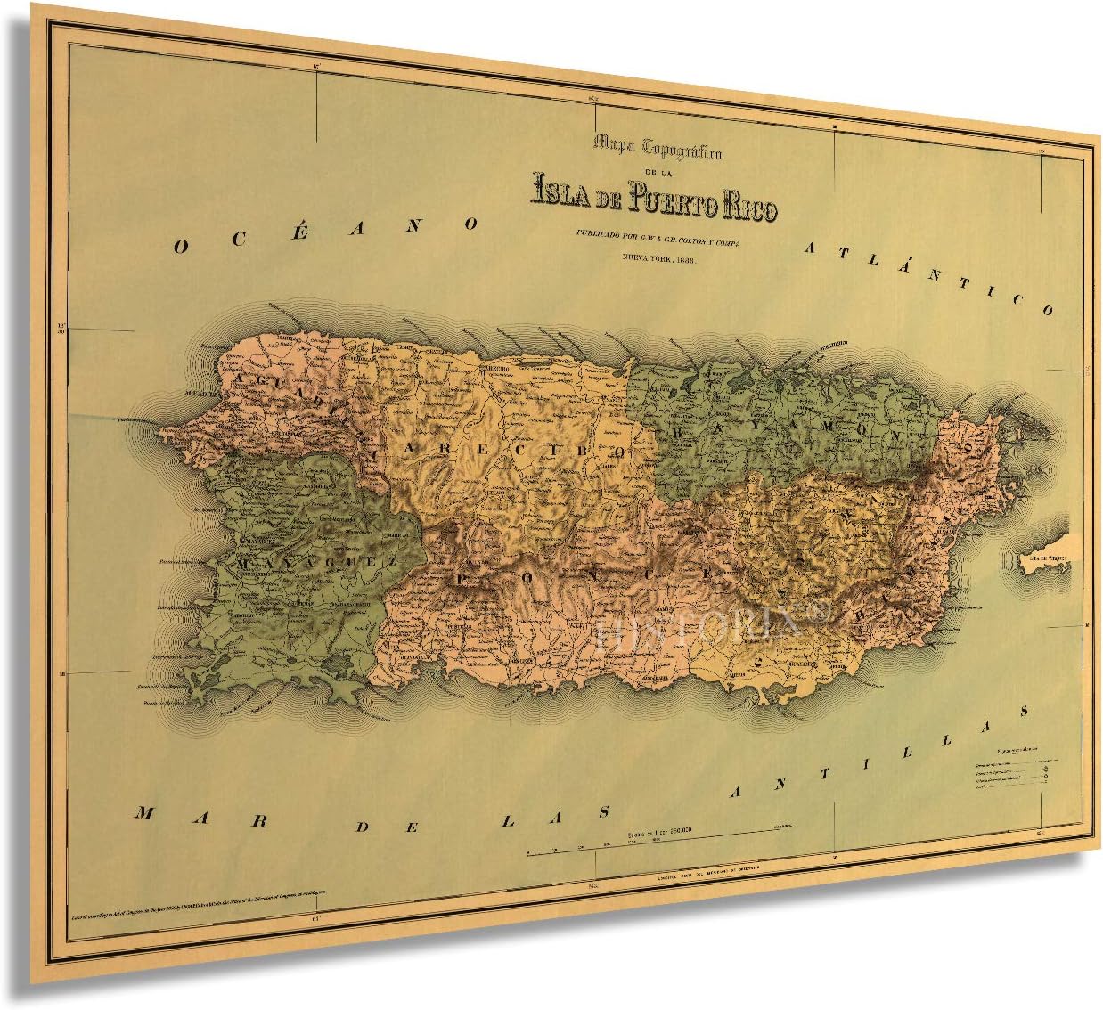 HISTORIX Vintage 1886 Puerto Rico Map Wall Art - 24x36 Inch Topographic Island Map - Old Puerto Rican Artwork