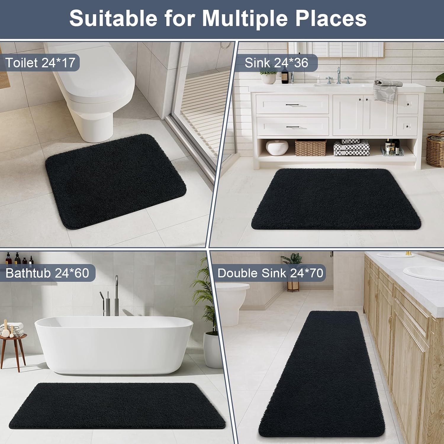 LOCHAS Bathroom Runner Rug, 24" x 60" Long Bath Rugs Non Slip Washable, Luxury Shaggy Large Bath Mat Absorbent, Soft Cozy Bathroom Rug Runner for Shower Quick Dry, Black