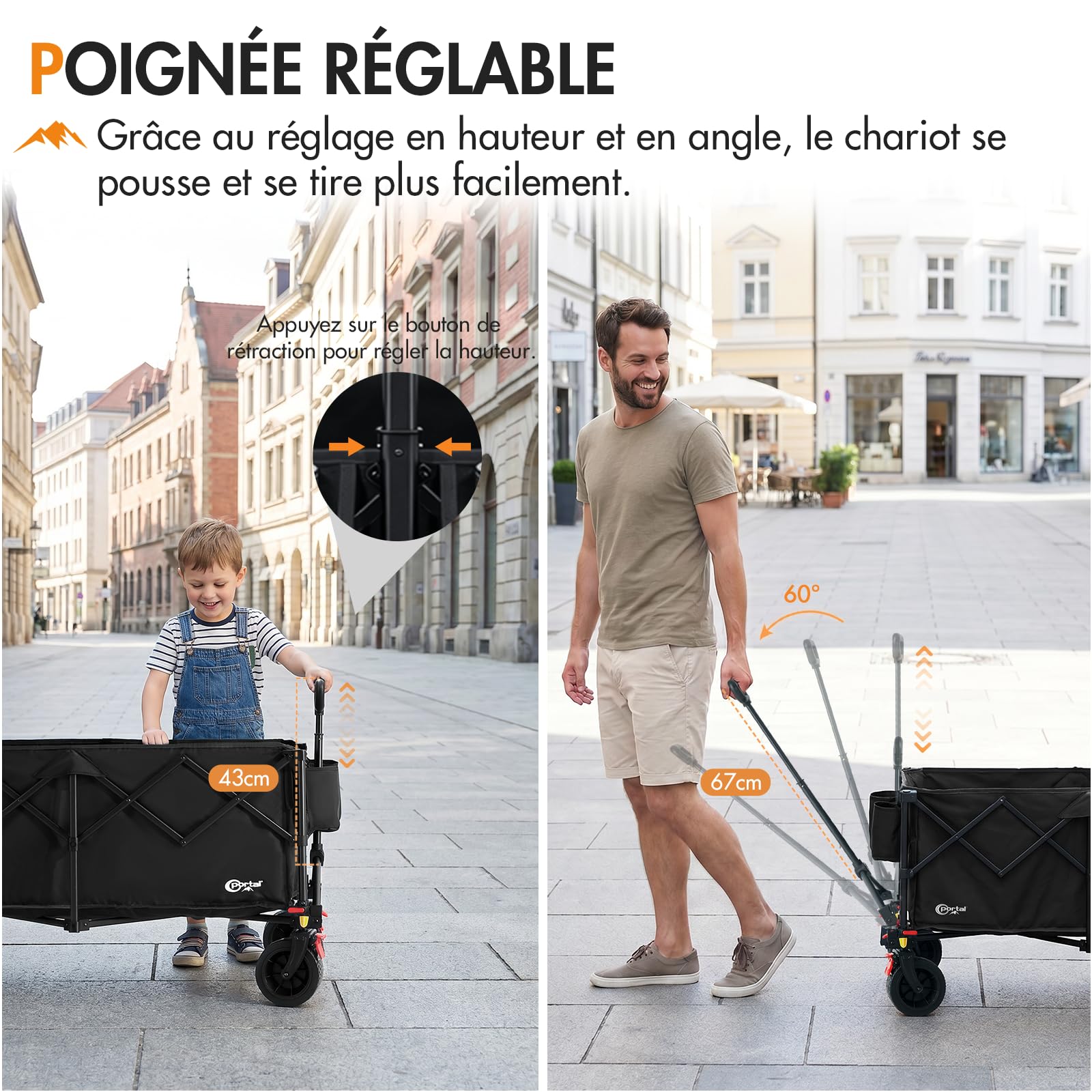 Portal Chariot de Transport Pliable XXL 300L Capacité 150kg Roues Tout Terrain 360° Frein Double Poignée Réglable Idéal pour Jardin Plage Camping et Courses Nior