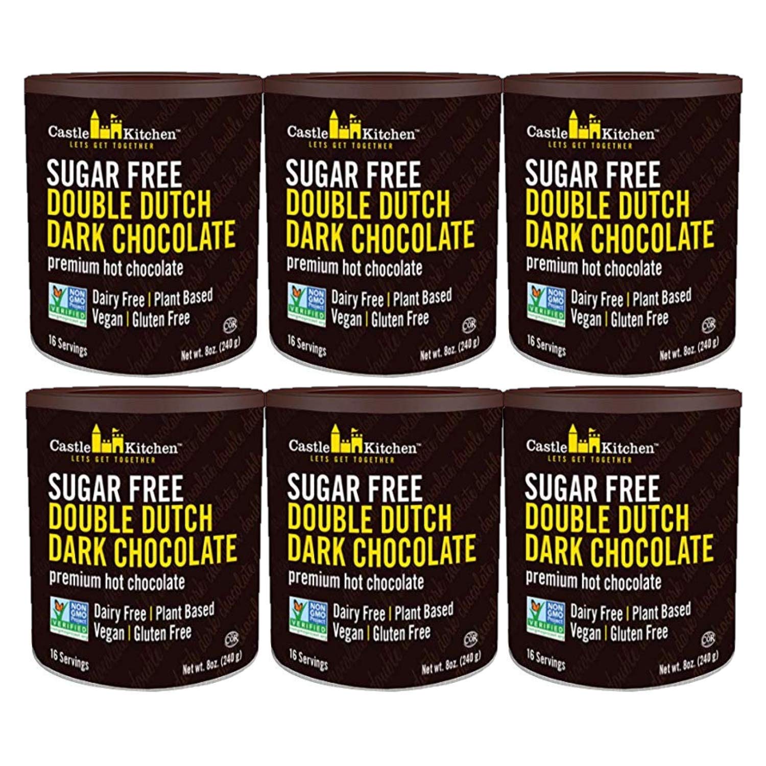 Castle Kitchen Sugar Free Double Dutch Dark Hot Chocolate (6 Pack) Premium Plant Based, Dairy Free, Gluten-Free, Vegan Hot Coca Mix - Just Add Water -