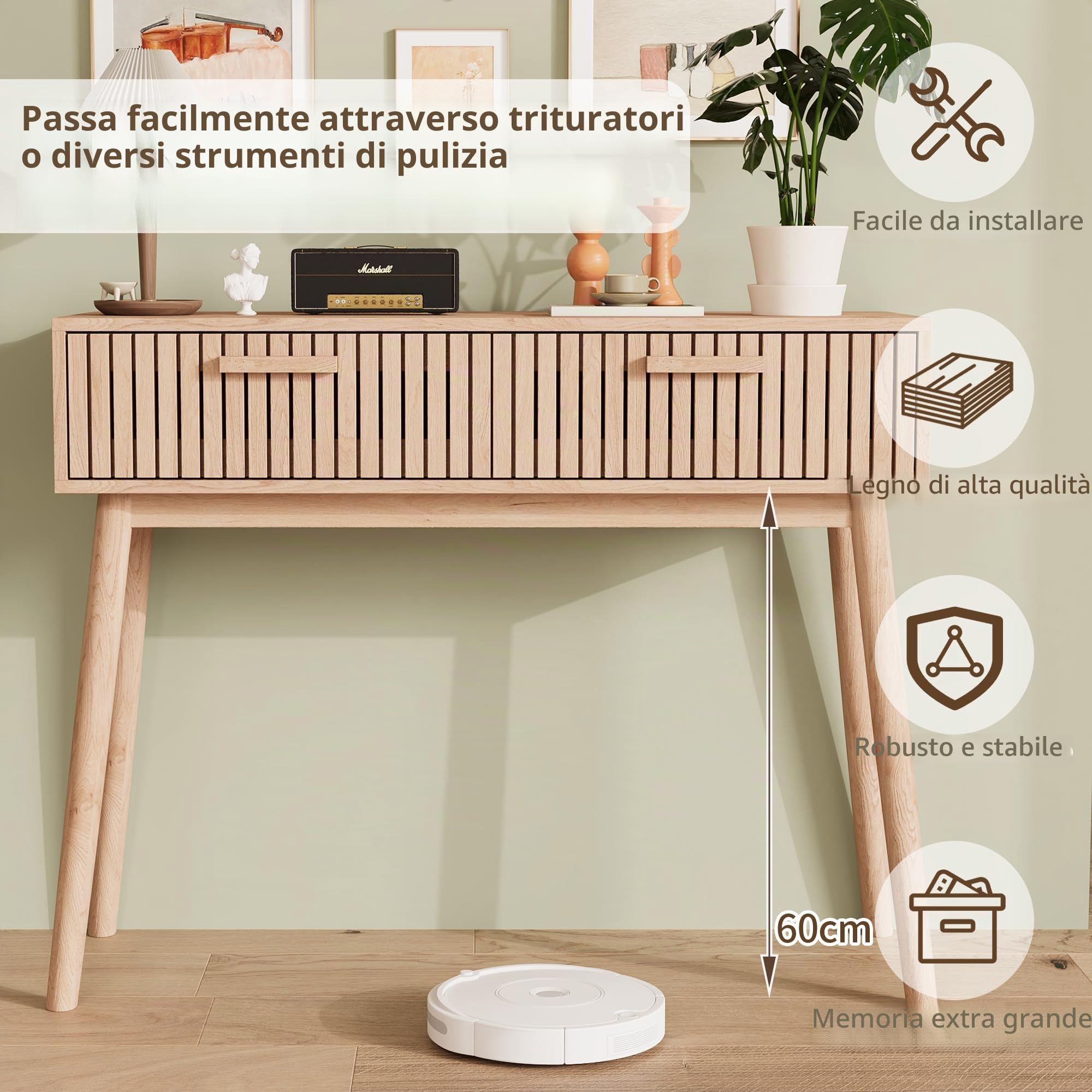 Tavolo Consolle Con 2 Cassetti, Tavolino Stretto per Ingresso, Mobile Accento in Legno per Corridoio, Soggiorno, Camera Da Letto, Naturale