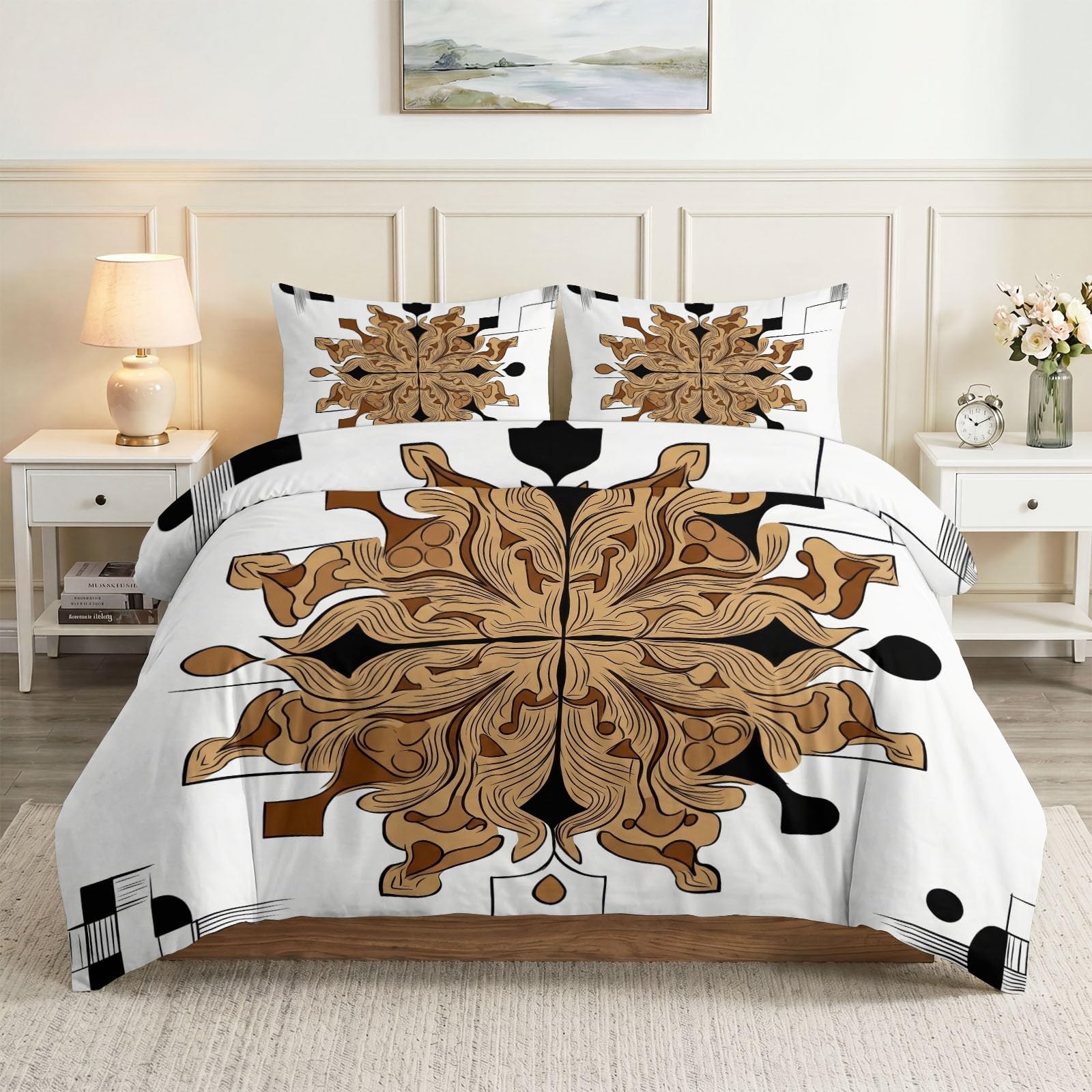 Kunst Eleganz Mandala Blumen Bettwäsche Set 240 x 220 cm, Beige Bettbezug Set Weich Komfort Mikrofaser Bettwäsche 3teilig für Geschenke Zimmer Deko mit Reißverschluss und 80x80 cm Kissenbezug