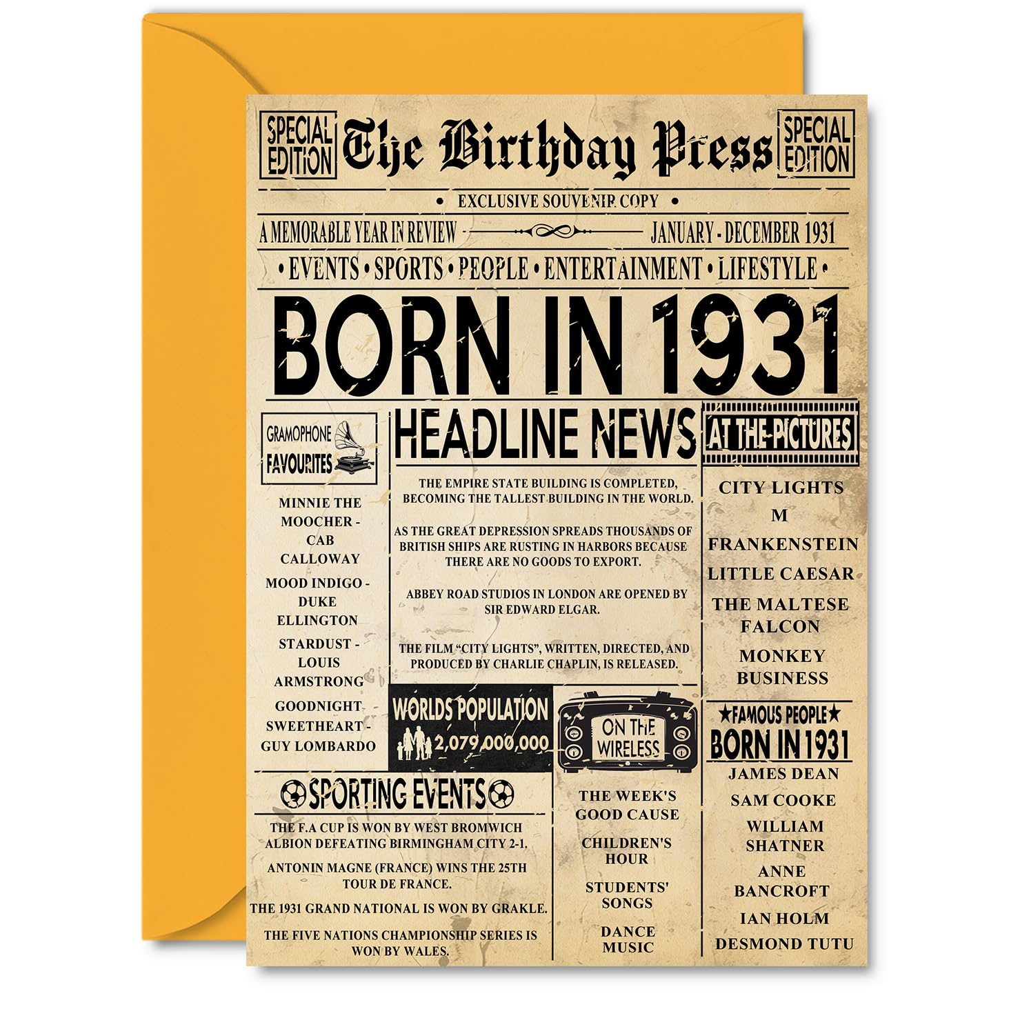 95th Birthday Card for Women Men - Bday Press Newspaper 1931 - Happy 95 Birthday Cards for Grandad Husband Wife Uncle Dad Auntie, A5 Bday Greeting Cards