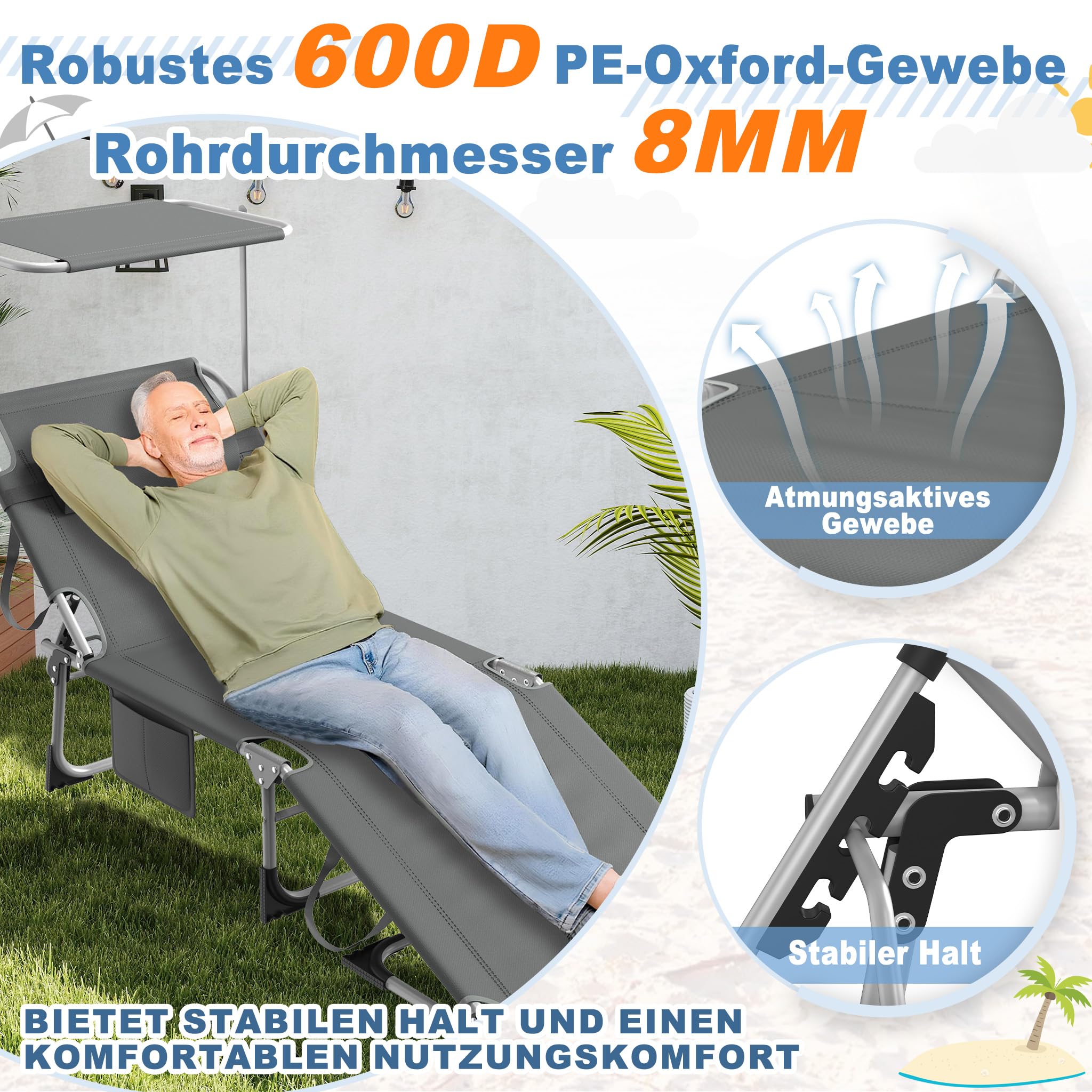 Froadp Sonnenliege Klappbar mit Dach Gartenliege Liegestuhl mit Verstellbarer Rückenlehne Kopfkissen Seitentasche Strandliege für Garten Balkon Strand Terrasse (1 Stück, Anthrazit)