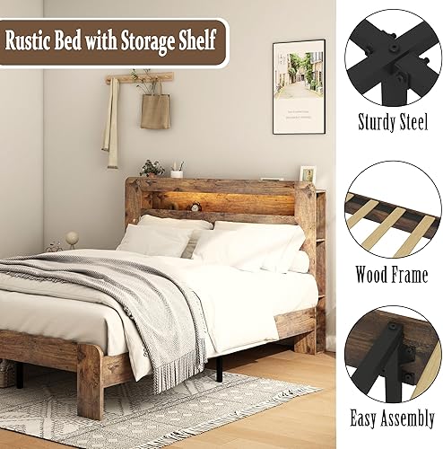 Miniatura 6 de Estructura de cama de madera tamaño Queen con cabecero de almacenamiento, estructura de cama de plataforma estilo granja con estante de biblioteca y