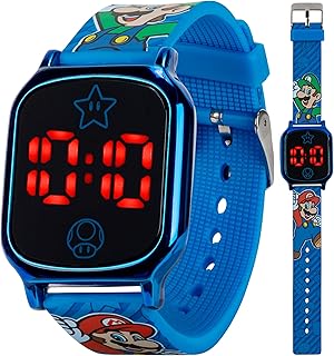 Accutime Super Mario Kids Touch-Activated LED Watch - Digital Time Display, Blue Alloy Case, Soft Silicone Strap, Fun Mari...