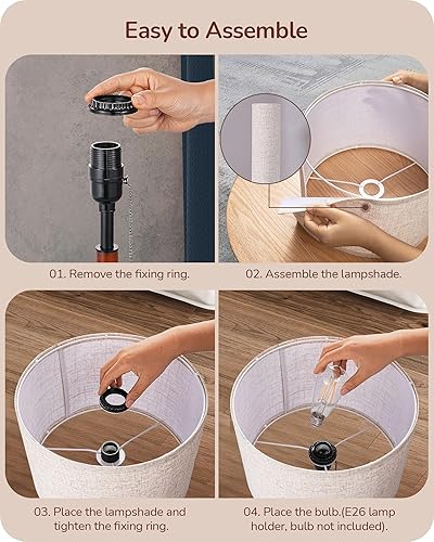 Miniatura 5 de EDISHINE Juego de 2 lámparas de mesa de mediados de siglo, lámpara de noche con interruptor de cadena, pantalla de lino, poste de madera maciza y