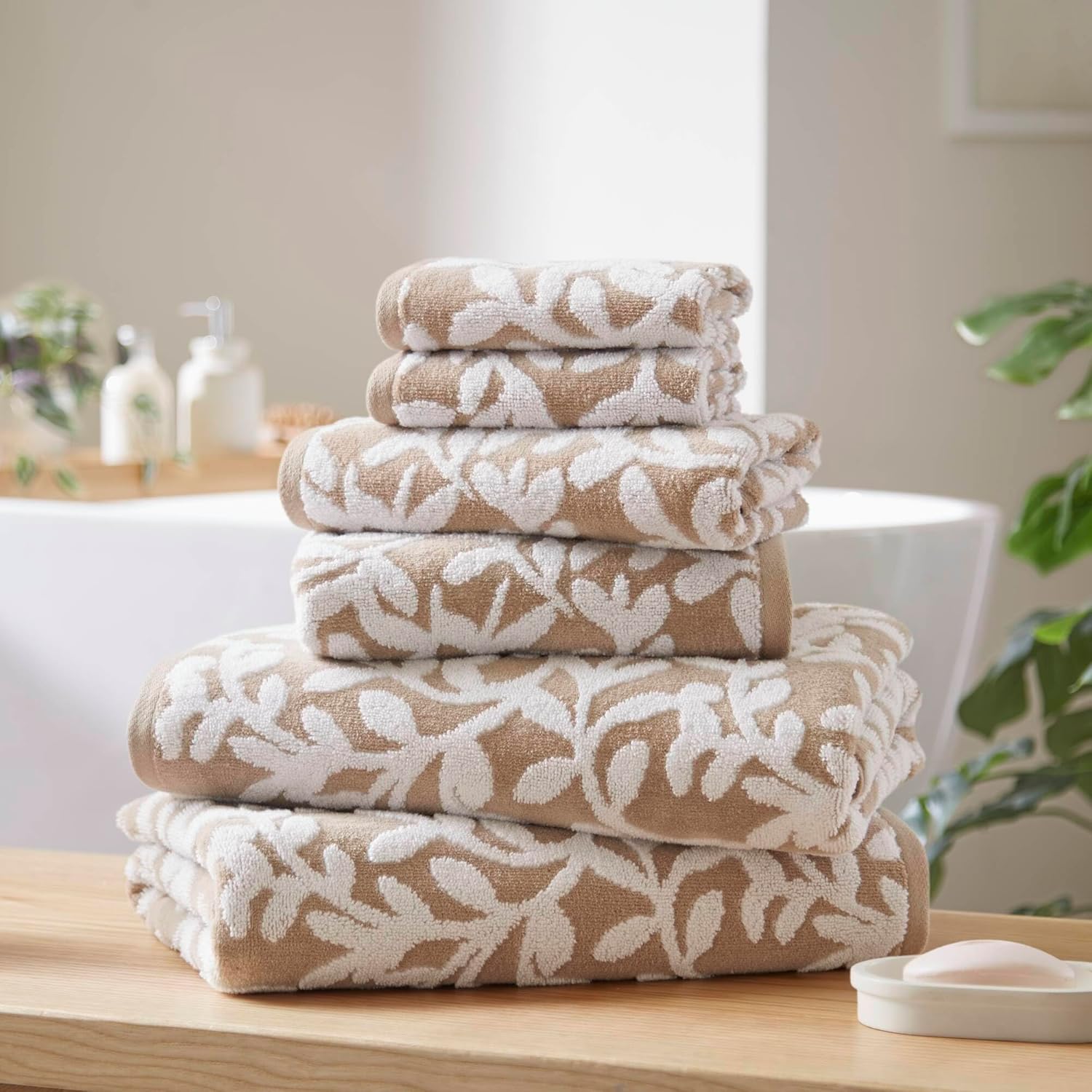 Madison Park Floral Decorative Towel Set of 6, Zero Twist Cotton Bath Towel Set with Botanical Leaf Pattern, Soft Absorbent Quick Dry Bathroom Towels, Bath Hand Washcloth Set, Taupe