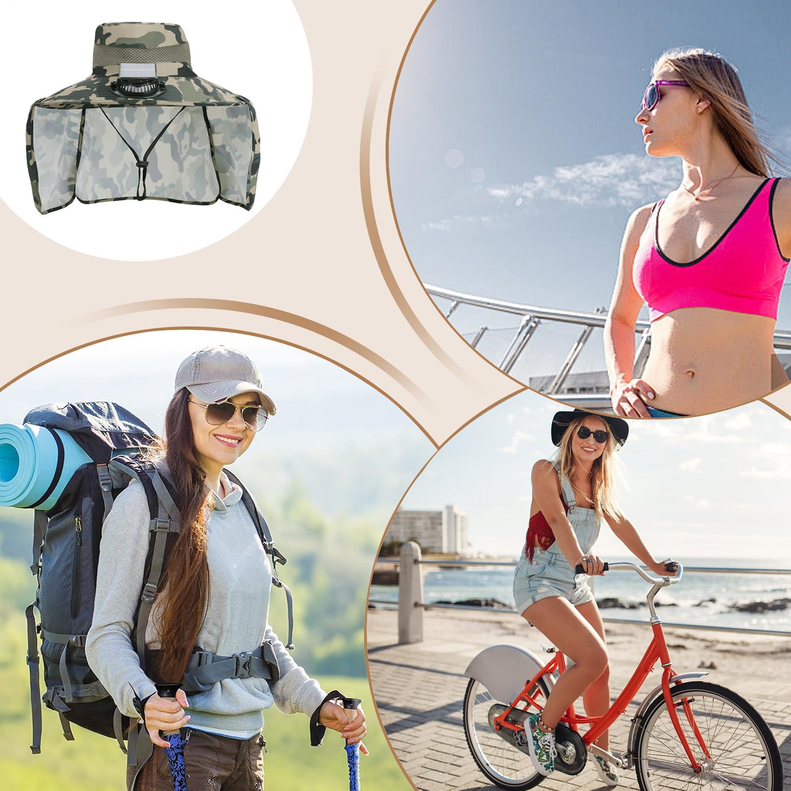 Cappello con ventole di energia solare – Berretto parasole da campeggio | Copertura ergonomica traspirante con ventilatore a energia solare rimovibile e protezione per il collo per escursioni, pesca