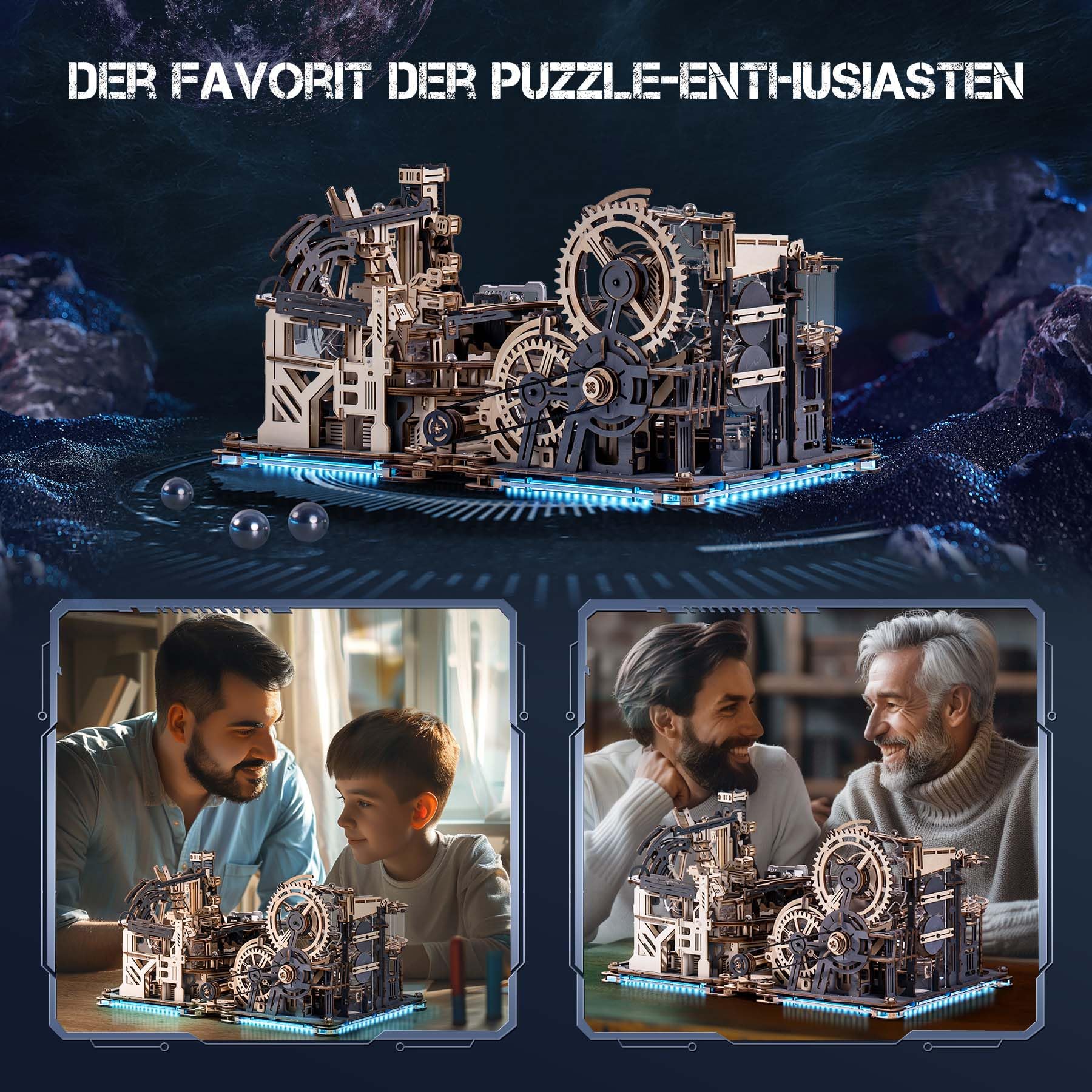 ROBOTIME LGX02 3-in-1 Holz-Murmelbahn für Erwachsene, Night City & Spaceport