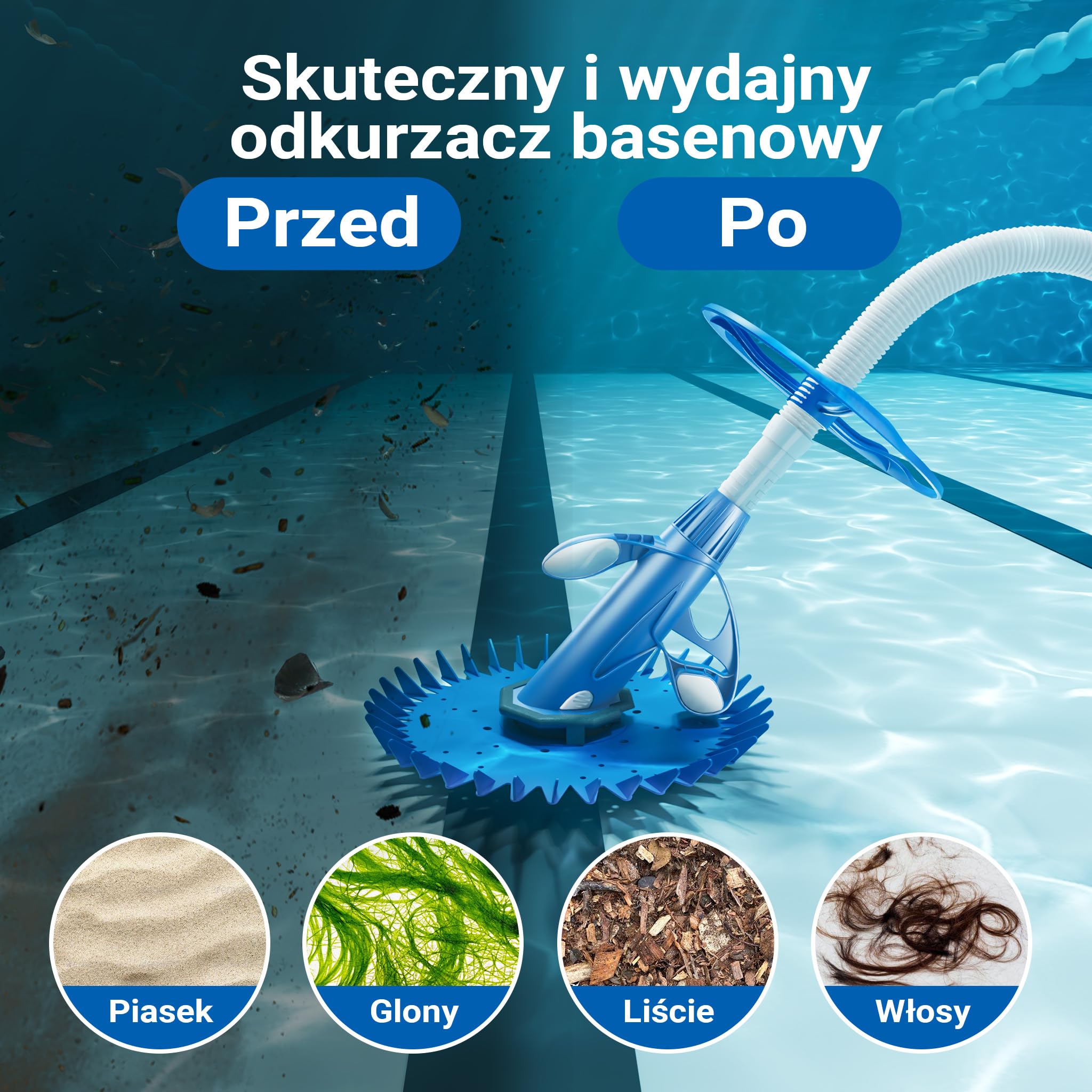 Wiltec Automatyczny odkurzacz basenowy, wydajny robot basenowy, idealny do różnych typów basenów, z zestawem 12 węży, kompatybilny z filtracją
