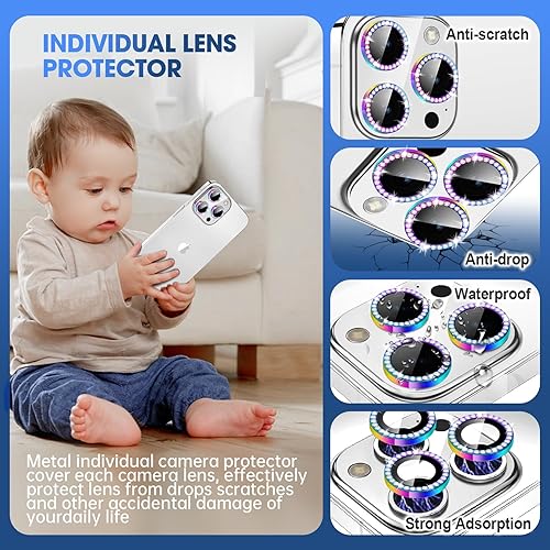 Miniatura 3 de Xfilm Protector de lente de cámara para iPhone 15 ProiPhone 15 Pro Max, anillo de diamante de metal individual con diamantes de dureza 9H, protector