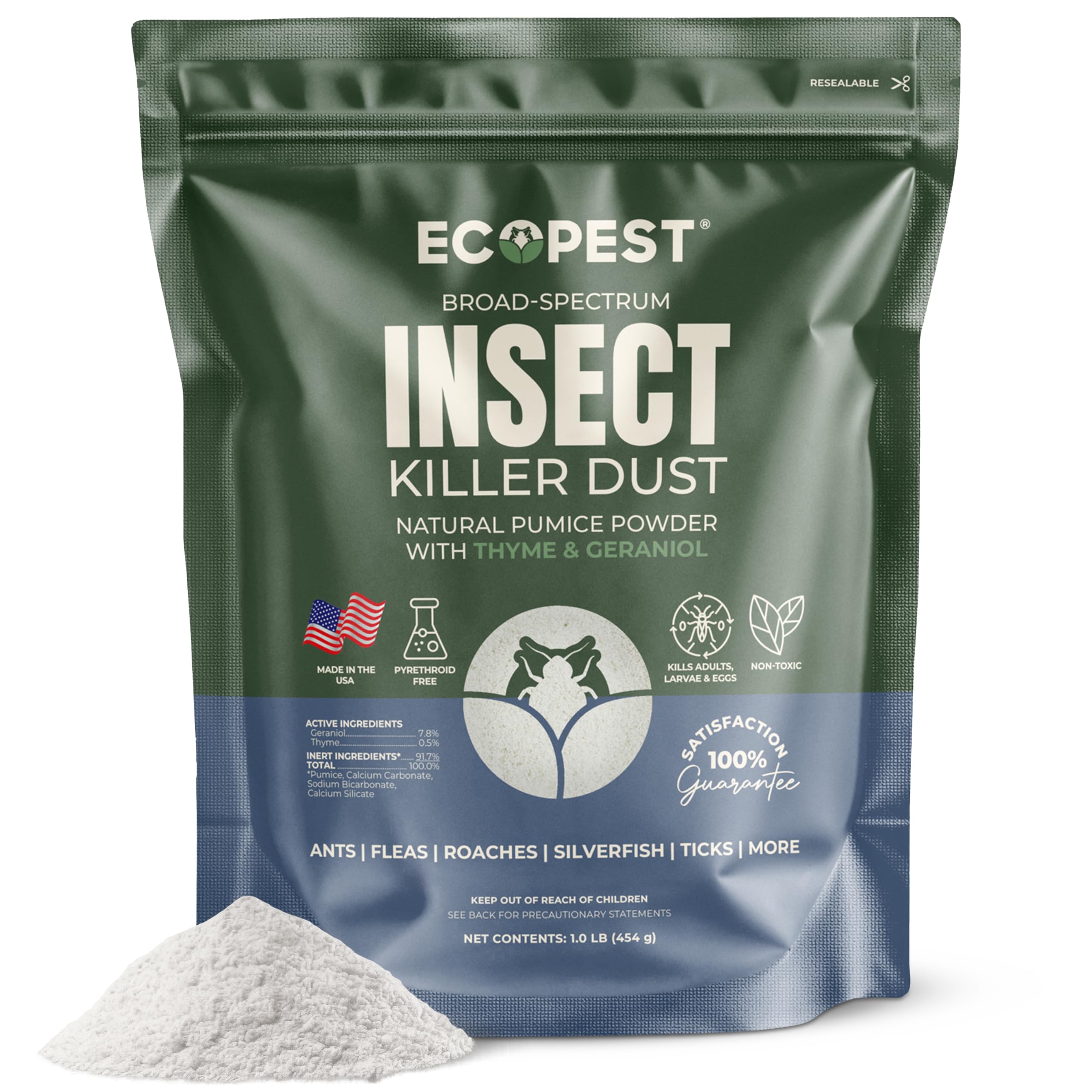 Crawling Insect Killer Dust, 1 lb. | Natural Repellent and Killer for Silverfish, Roaches, Ants, Ticks, and Fleas | Home Pest Powder for Indoor and Outdoor Perimeter | Low Odor and Non-Staining
