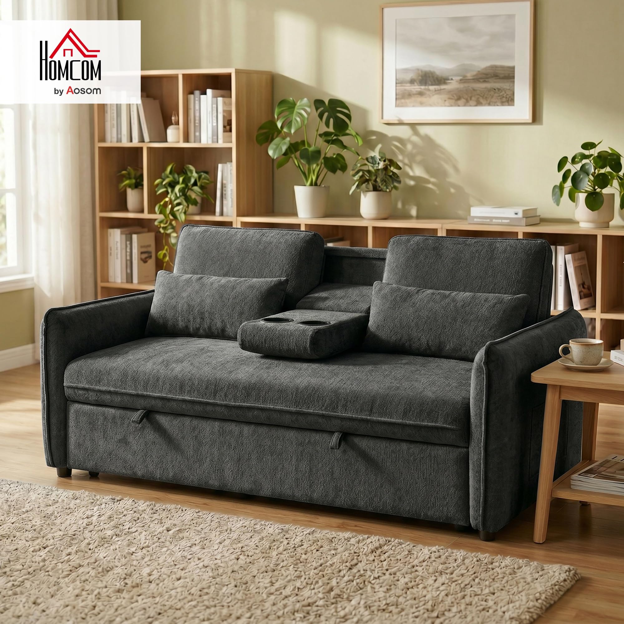 HOMCOM Sofá Cama 2 Plazas 3 en 1, Sofá Cama de Chenilla con Mesa Auxiliar, Portavasos, Respaldo Ajustable, Bolsillos Laterales, 2 Almohadas para Sala de Estar, Espacios Pequeños, Gris Oscuro