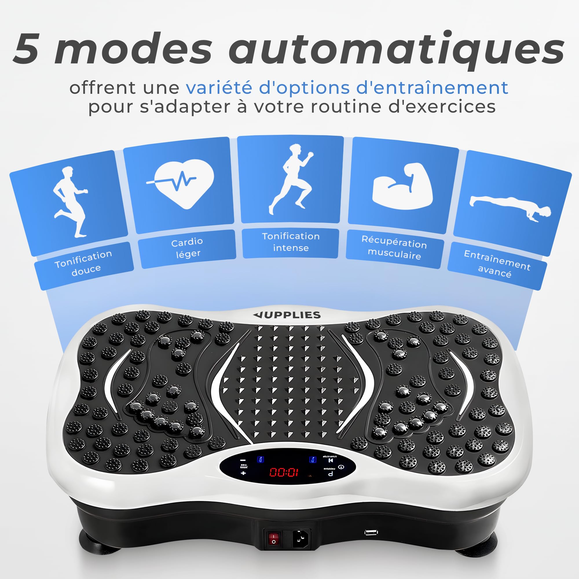 JUPPLIES Plateforme Vibrante Fitness 5 Modes 99 Vitesses Bluetooth Télécommande Silencieuse Stable