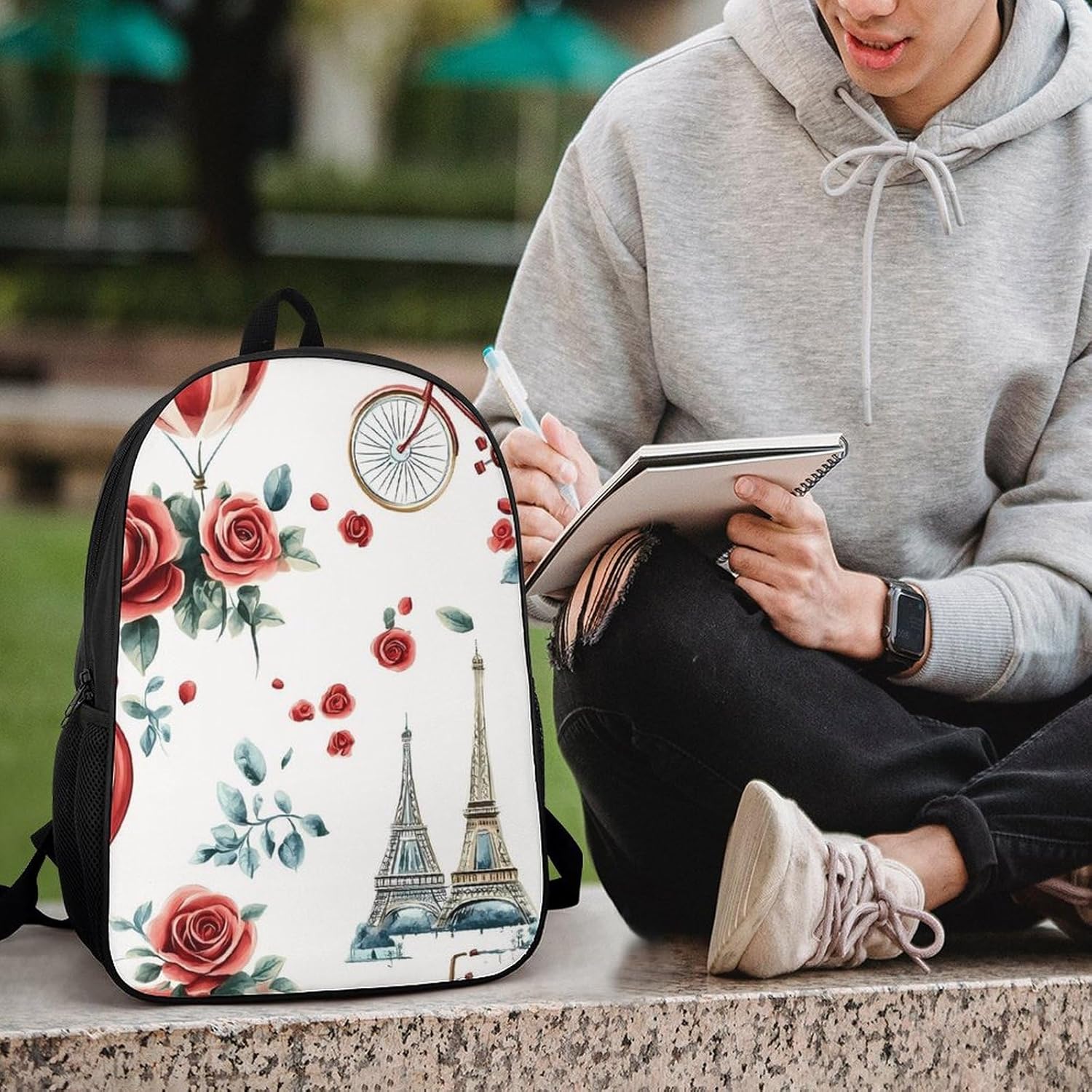 Eiffel Tower Paris Flowers Bicycle Laptop Backpack for Men Women 17 Inch Shoulder Bag Travel Daypack