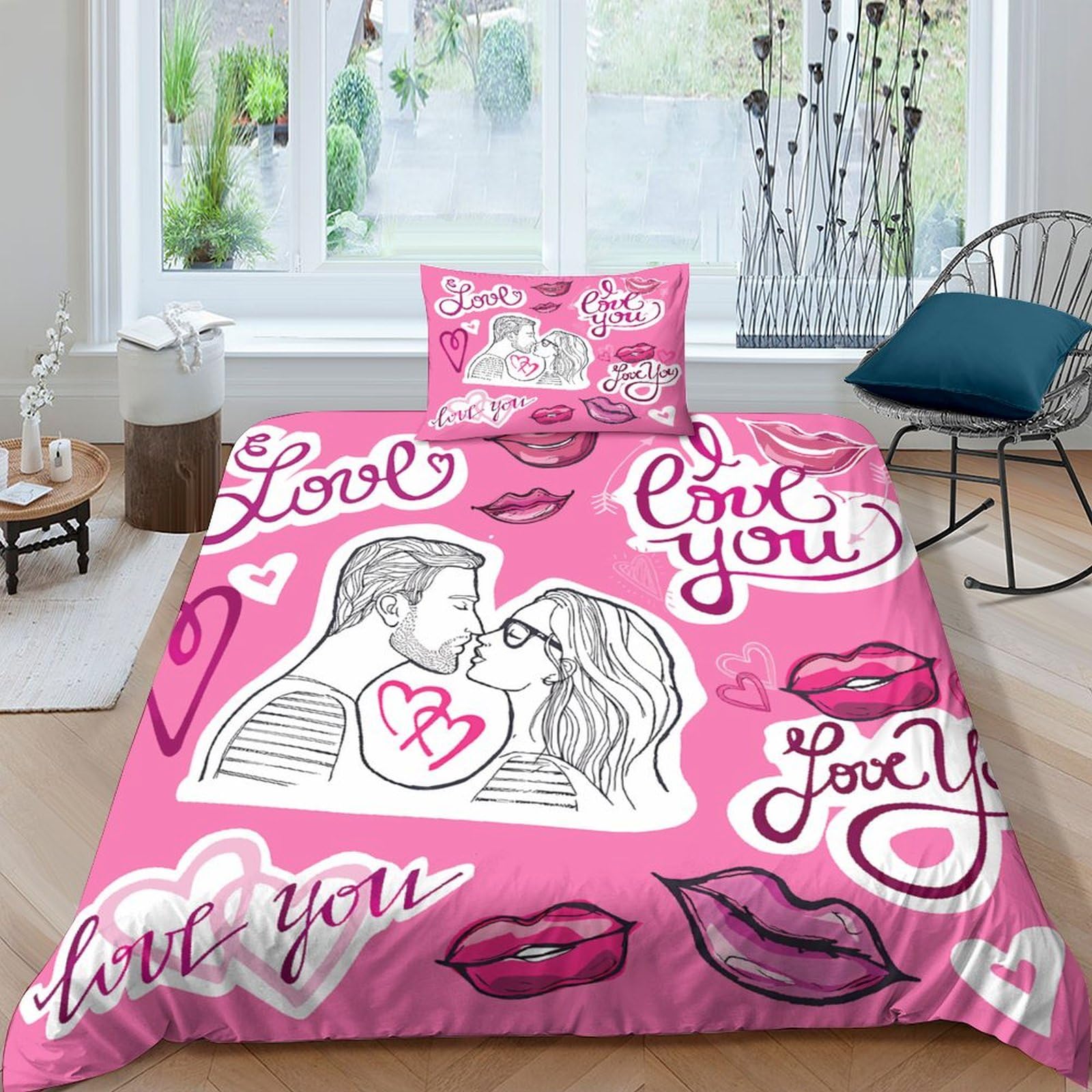 Housses de couettes couple embrasse 3D parure de lit microfibre fermeture éclair
