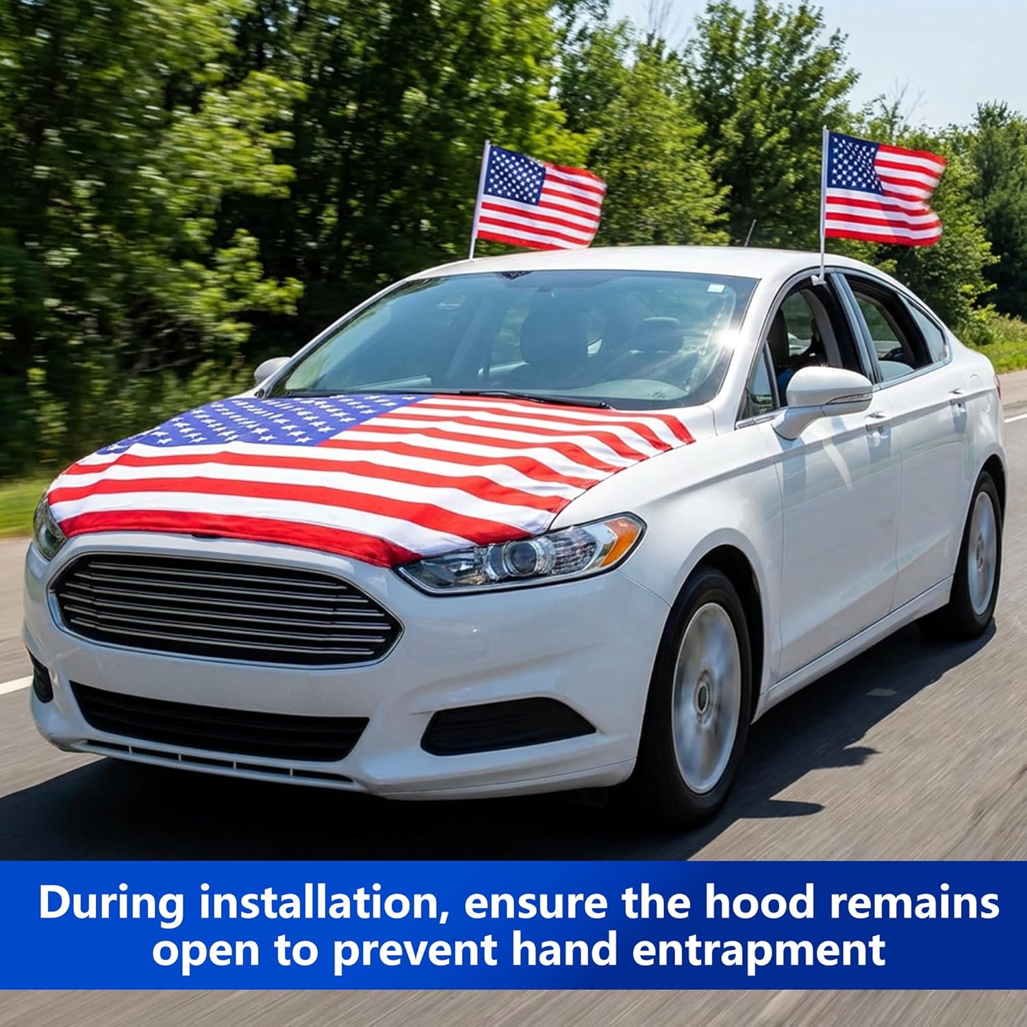 EBaokuup American Flag Car Hood Cover Set, 63 x 47 Inch Universal USA Flag Hood Wrap with Small Flags and Secure Clips, Patriotic American Flag Hood Cover for Independence Day Memorial Day