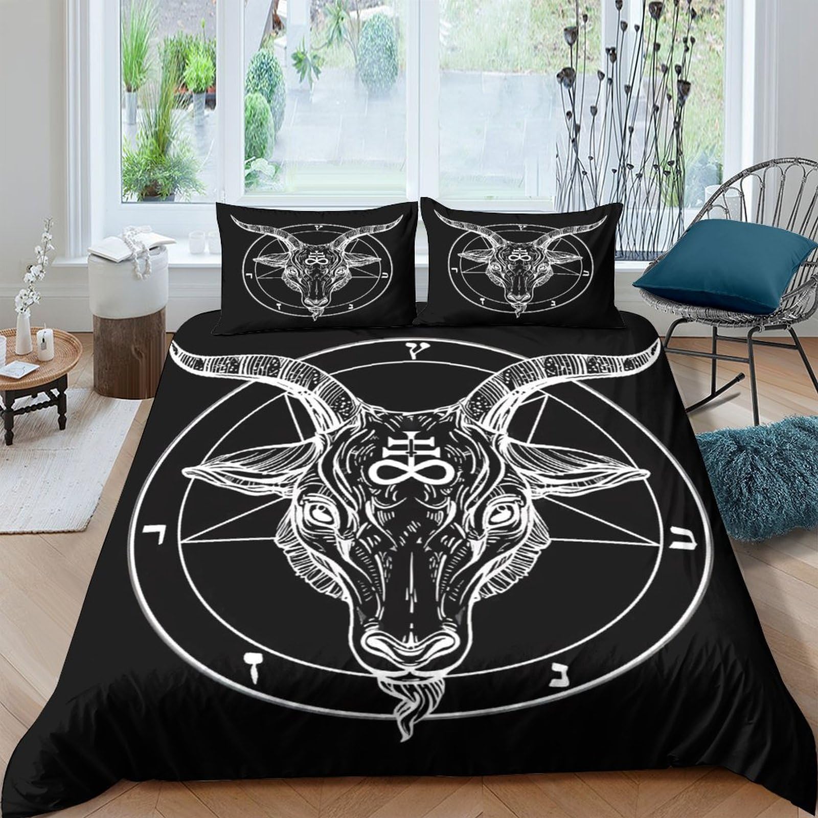 Ctjqhvkz Style-1 3D Printed Black Goat Skull Fitted Sheet Microfiber Breathable Occult Pentagram Mattress Cover For Bedroom Dorm Decor Single（135X200cm）