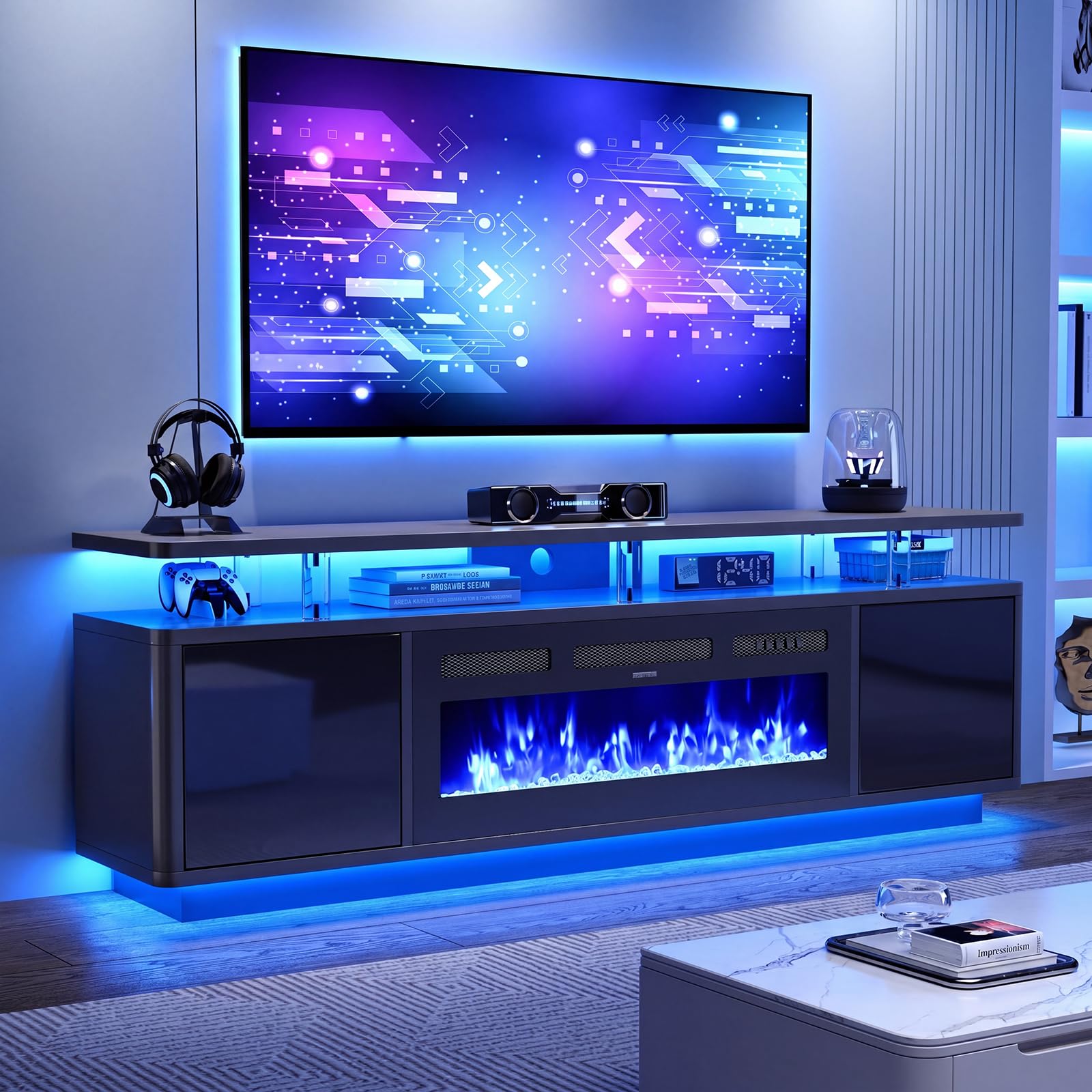 MXV 70" Fireplace TV Stand for Living Room, 36" Electric Fireplace with Adjustable Flames & Double LED Lights, Remote Control, Storage Cabinet with