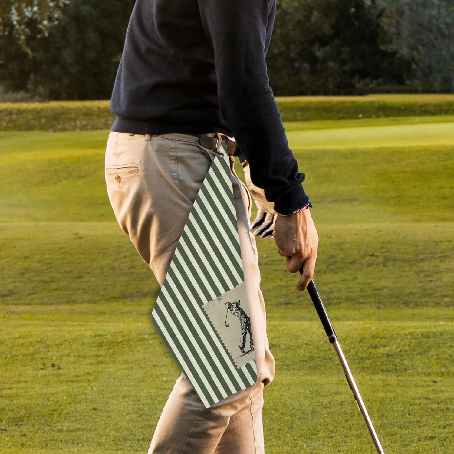 Vintage Golf Towel - Retro Green Stripe Golf Bag Accessories Towel, Trendy Preppy Disc Weave Waffle & Ball Towels with Carabiner Clip Birthady Gifts for Golfer Dad Grandpa Men, 16"x24" - Image 3