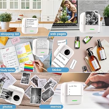Mini Printer Thermal Sticker Printer with 11 Rolls Thermal Paper and Sticker for iOS&Android,Portable Bluetooth Pocket Printer for Study Notes, Pictures, DIY, Label