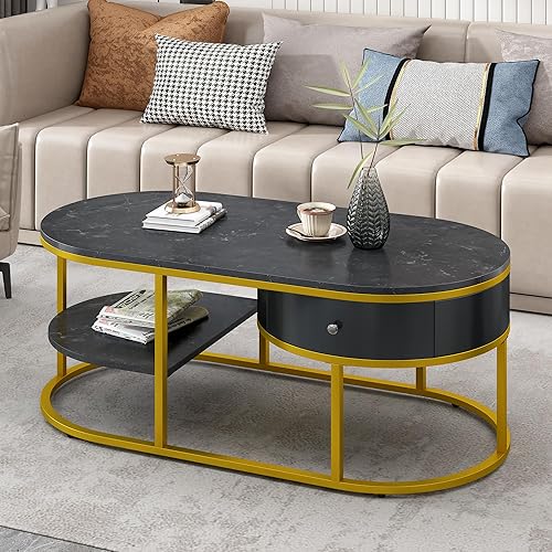 Mesa de centro moderna de mármol negro con almacenamiento, elegante mesa de cóctel ovalada con marco de metal dorado, cajones y estantes de