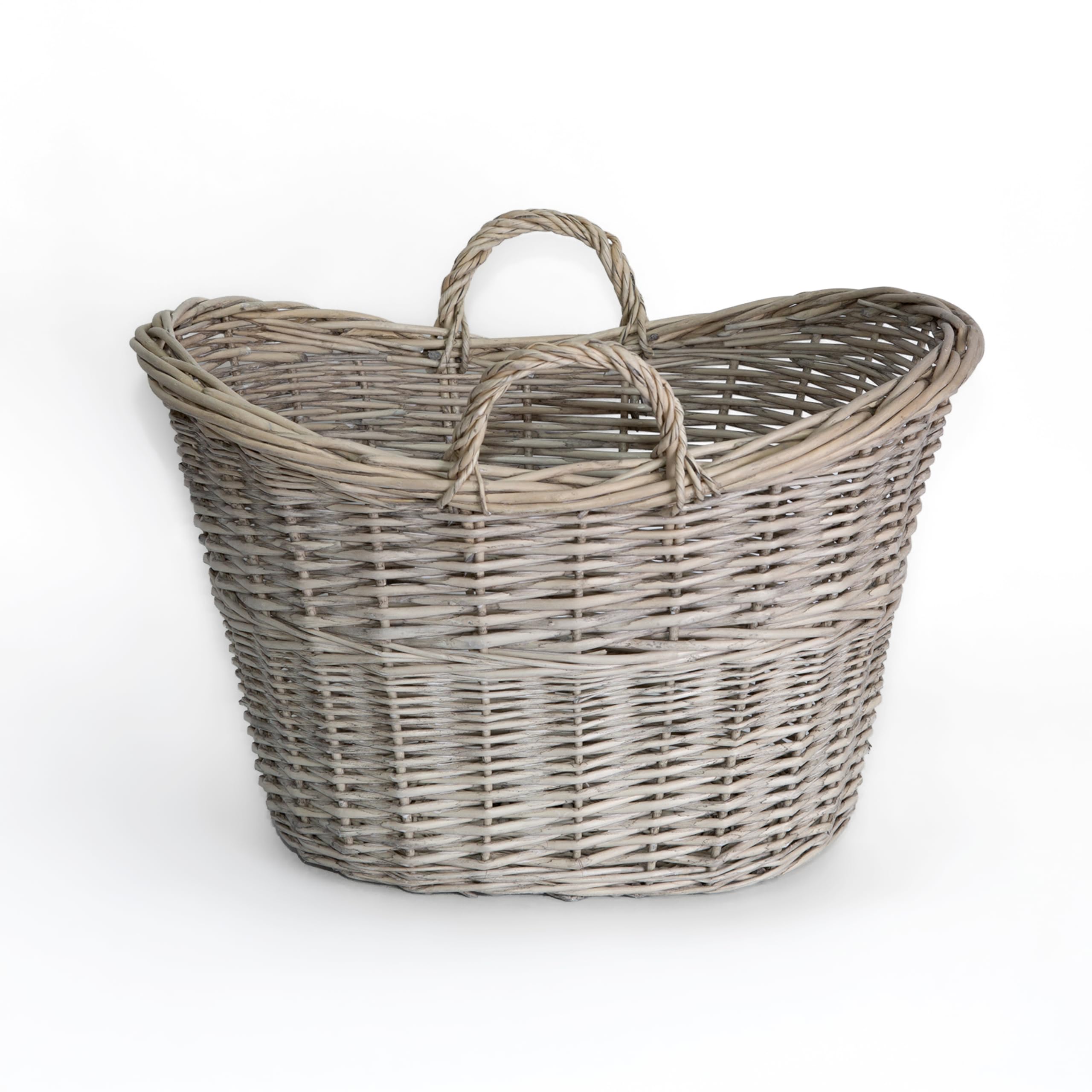Wickerfield Grey Wash Oval Wicker Blanket Basket With Handle, Wicker Log Baskets For Wood Burner And Fireplace, Large Willow Storage Baskets For Laundry Toys Living Room (Grey Wash)