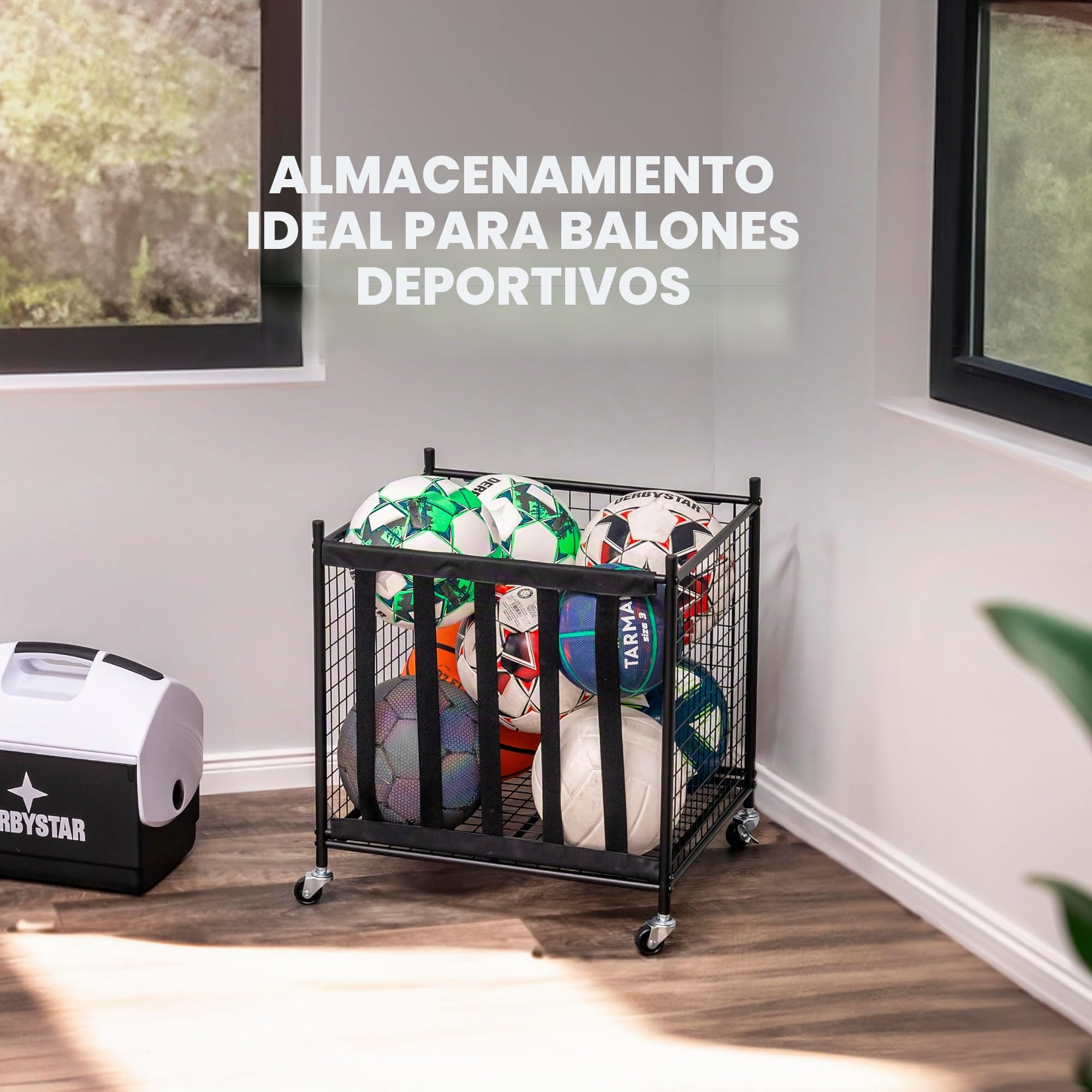 eluno Carrito apilable para balones de fútbol, voleibol, baloncesto, balones de baloncesto, etc. Con 5 correas en un lado, de acero negro
