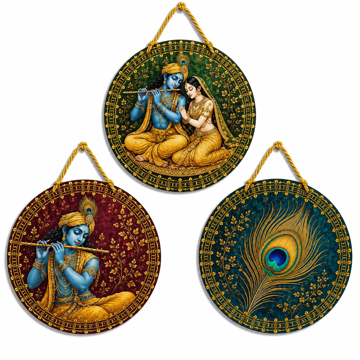 DAKSHESTRY ARTWORKS Set of 3 Krishna Wall Hanging Décor | Radha Krishna & Peacock Feather Round MDF Wall Art | Hindu Spiritual Home Decoration for Living Room, Bedroom, Temple, Office (8X8 INCHES EACH)-image-16