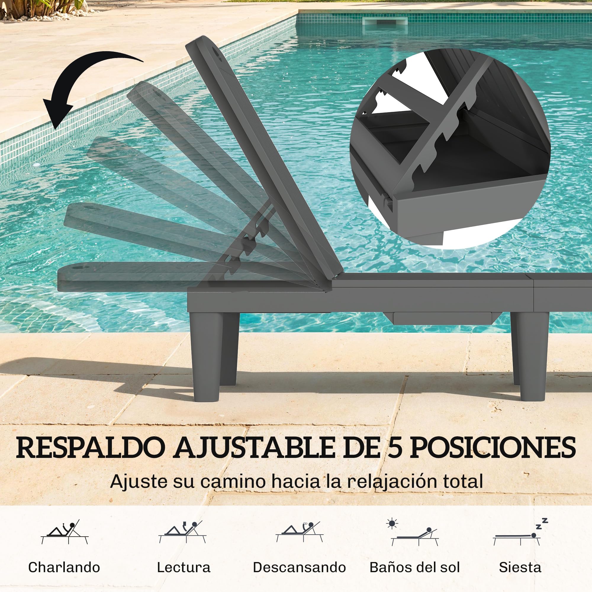 Outsunny Lot de 2 chaises longues de jardin inclinables en plastique PP avec plateau latéral, dossier réglable à 5 niveaux, résistantes aux intempéries, pour plage, piscine, gris