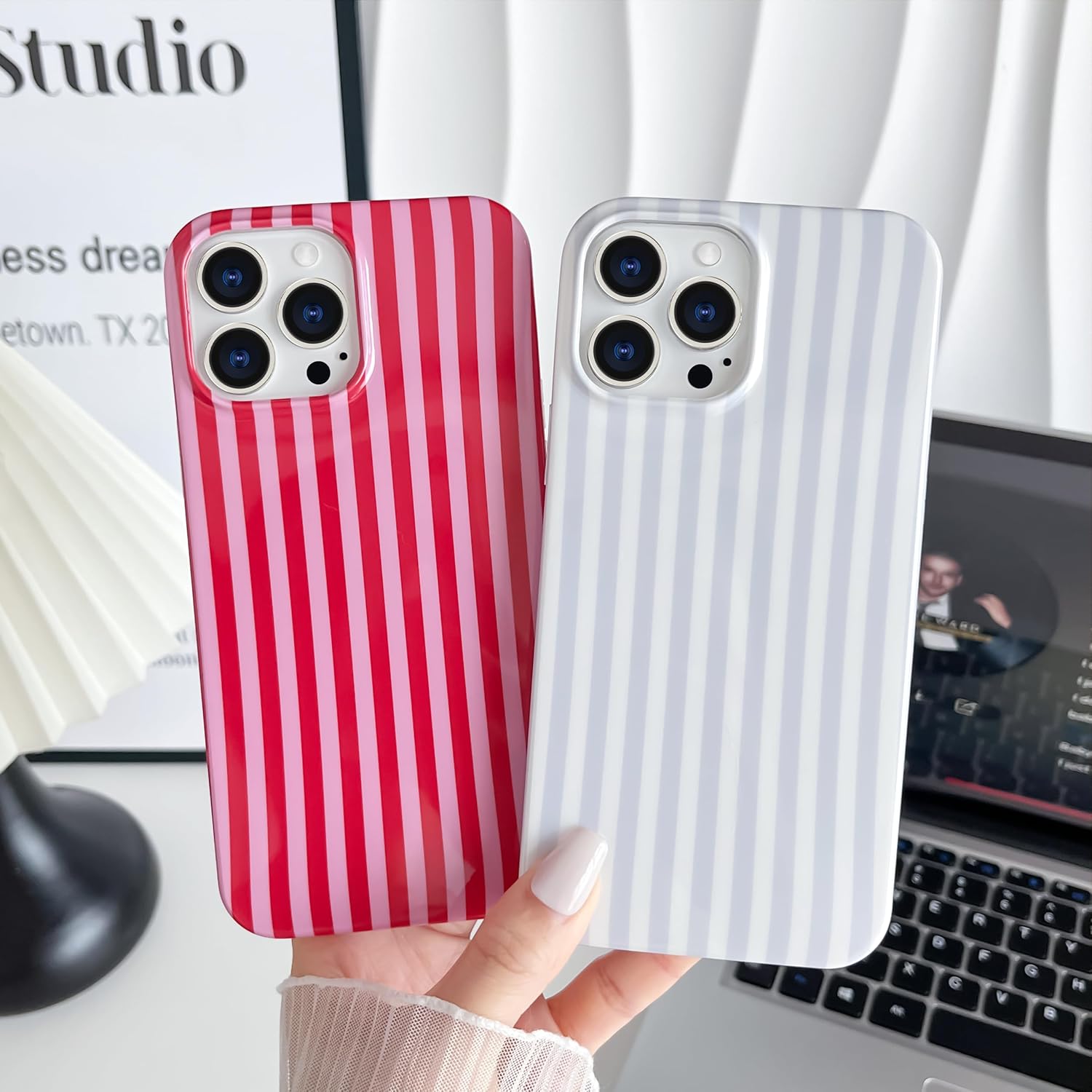 Yeddabox for iPhone 13 Pro Max Case Cute Striped Phone Case Soft TPU Slim Shockproof Phone Cover for Women Girls, Blue and White - Image 6