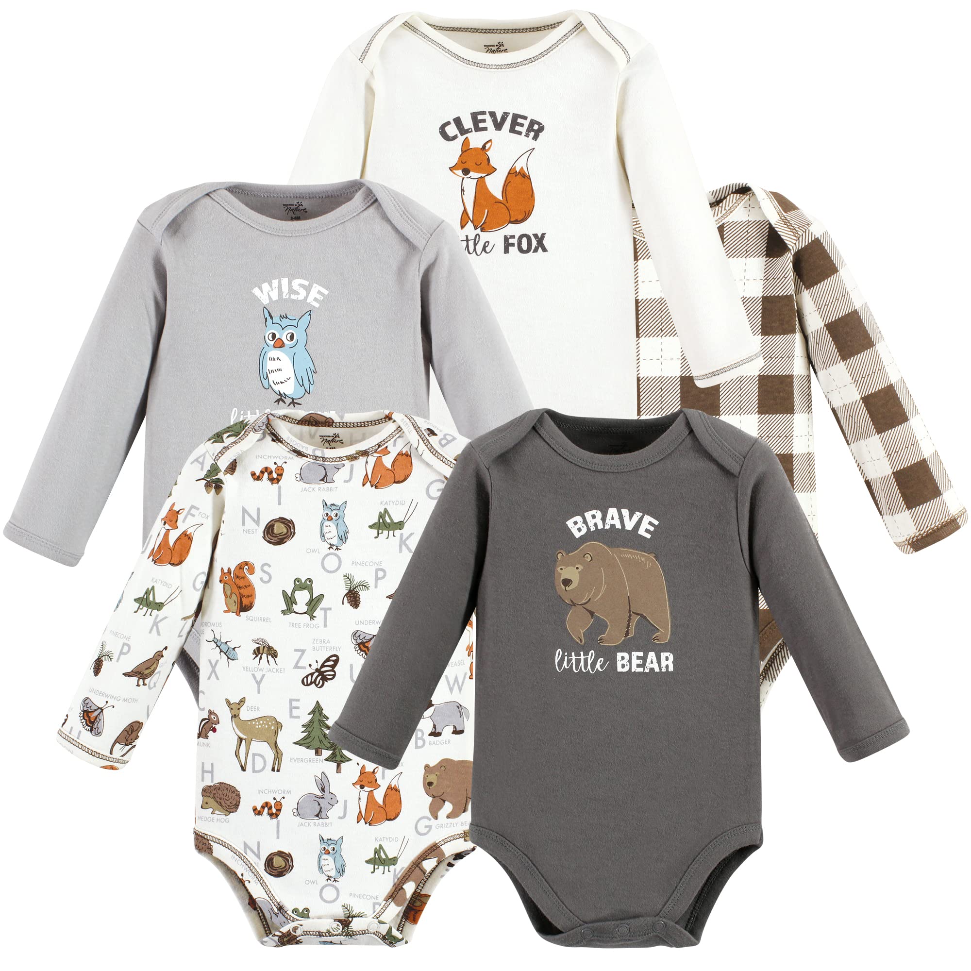 Touched by Nature Baby Cotton Long-Sleeve Bodysuits, Months Body Unisex de algodón orgánico de Manga Larga para niño Alphabet 9-12 Meses, Boy Woodland-Alfabeto (5 Unidades), Bebés