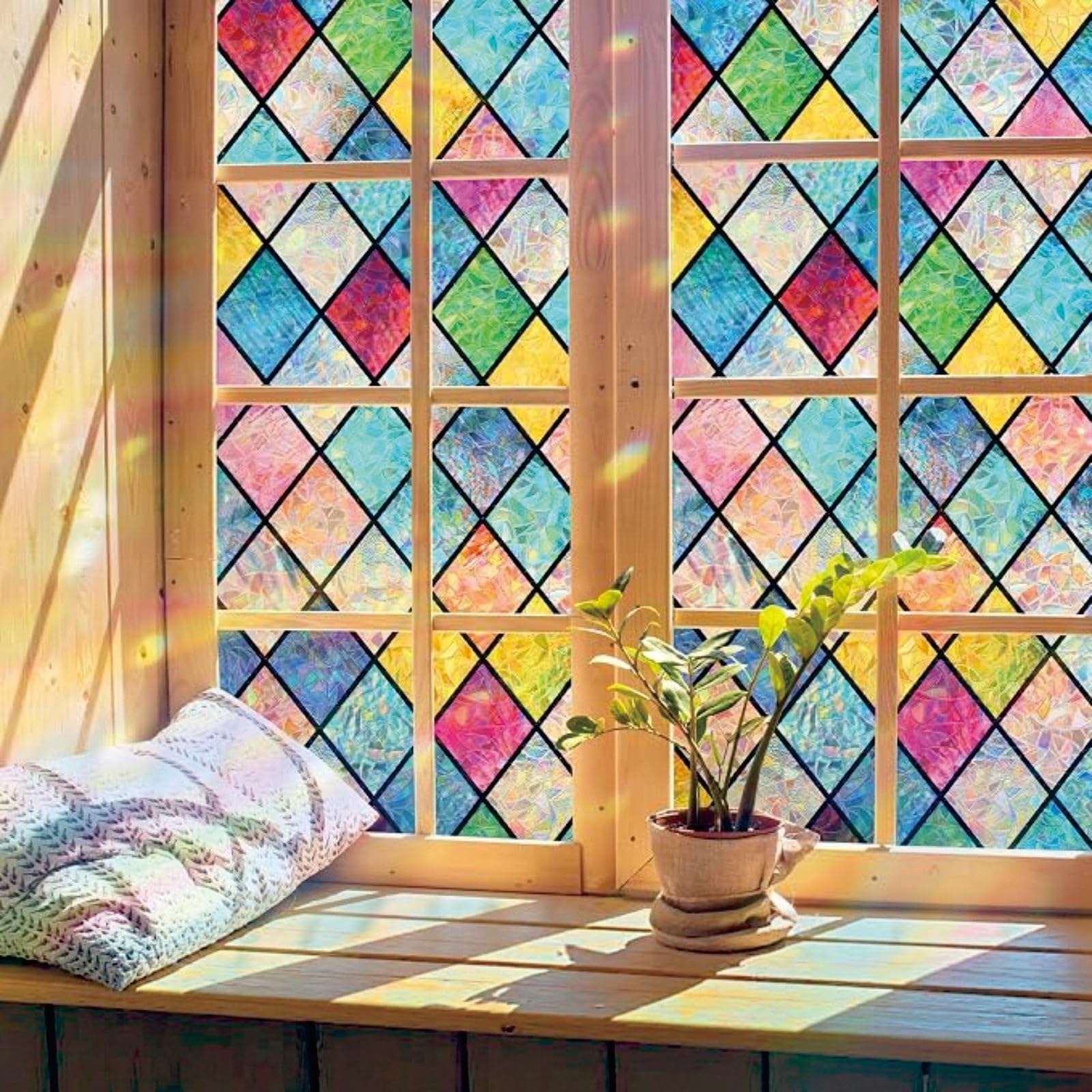 Rainbow Window Film 85 x 390 cm Blocks UV Static Cling No Glue Removable Heat Cotrol, Privacy Protection, Frosted Glass Film with Anti-Uv Protection for Windows for Home, Crystal Grid