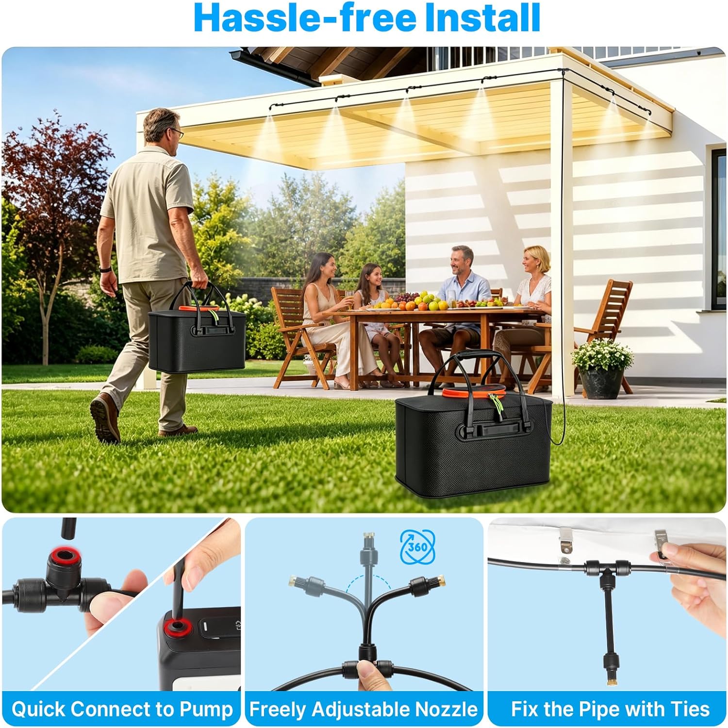 Bluepro 50FT Portable Misting System for Cooling, Misters for Outside Patio with 5.8Gal/22L Foldable Tank, 5200mAh Pump (IPX8) & 8 Adjustable Brass Nozzles for Umbrella, Camping, Golf Cart, Sport