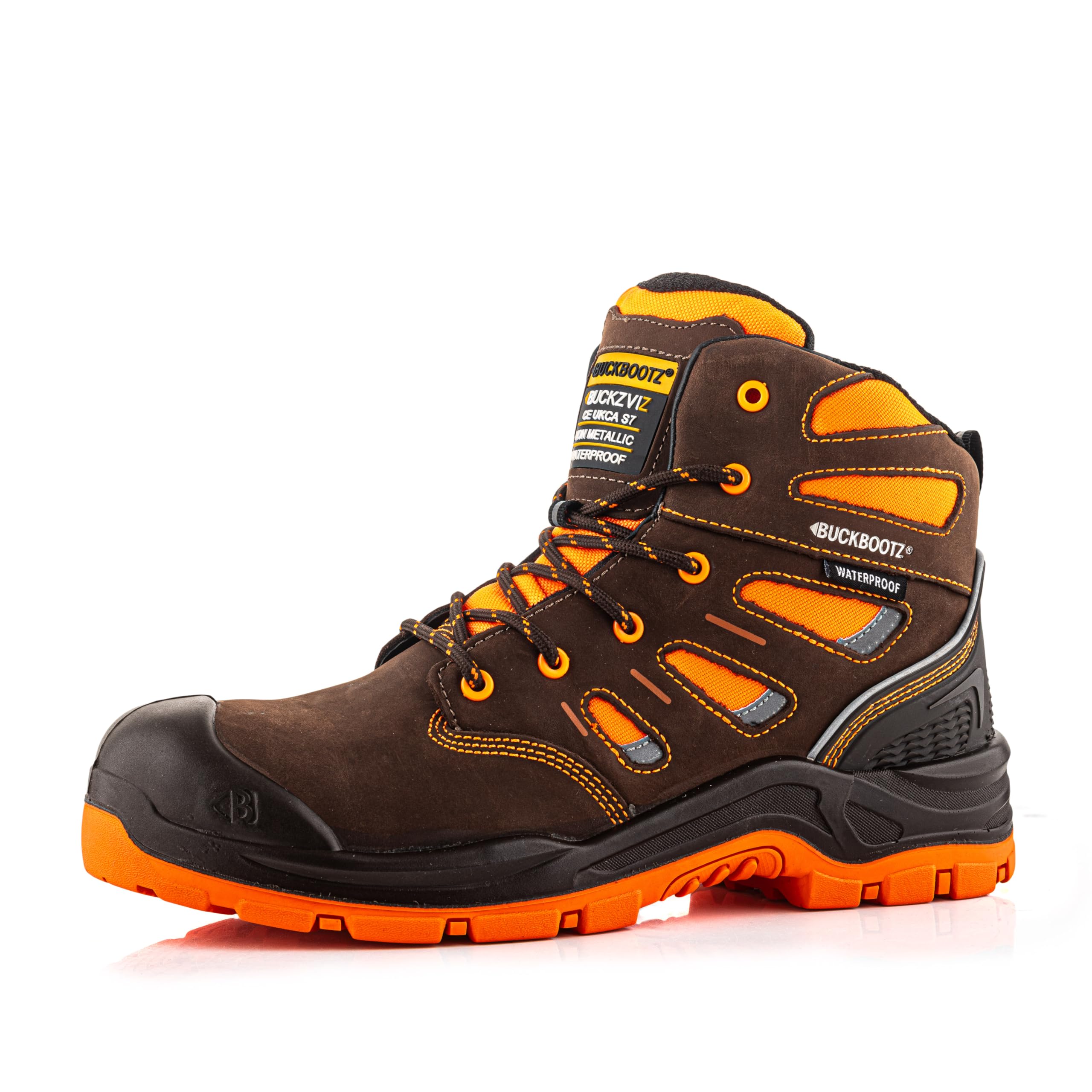Buckbootz BVIZ2 Brown Orange Hi Visibility 360 Reflective Waterproof Full Safety Lace Boot (uk_footwear_size_system, adult, men, numeric, wide, numeric_10)