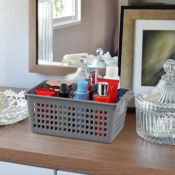6 Pack Small Plastic Storage Baskets, Plastic Baskets Organizer Bins, Gray
