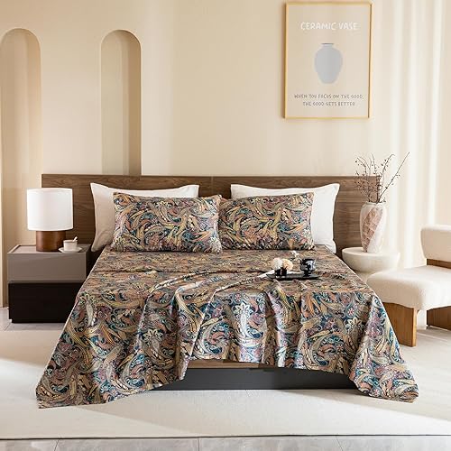 Miniatura 6 de Lady Ann Juego de sábanas bohemias de tamaño Queen, 100% algodón egipcio, estampado de flores de cachemira, juego de ropa de cama de 4 piezas, súper