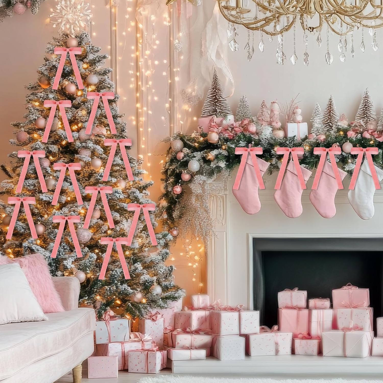 Dusty Pink 24 Pcs Velvet Bows Christmas Tree Ornaments Valentines Day Bows Decoration for Garland Home Coquette Wedding Decor (5 x 7 Inch，Width of 1)