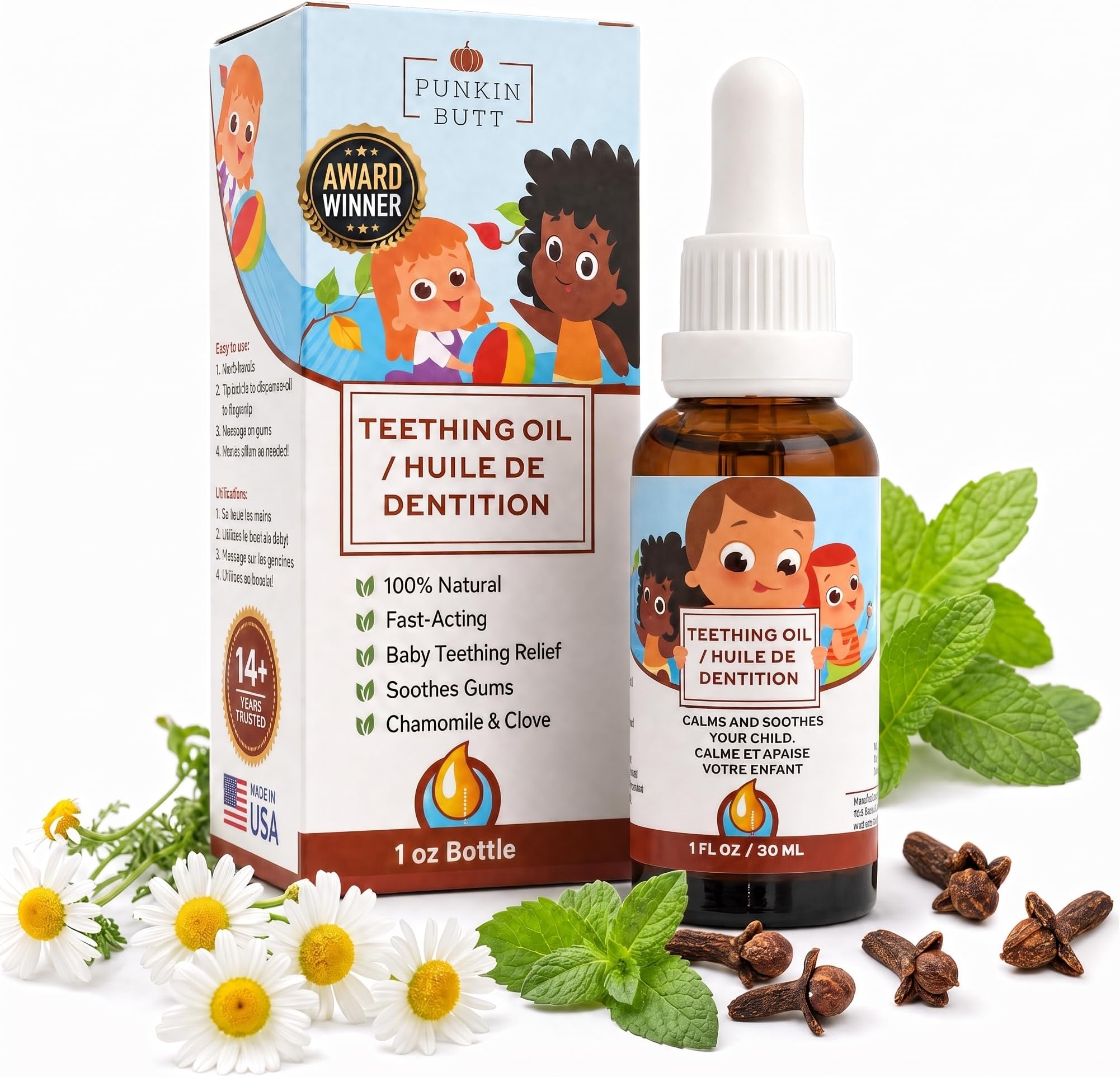 Punkin Butt - Natural Herbal Teething Oil for Babies - Daily Use Soothing Relief Drops | Baby, Infant, Toddler Gum & Tooth Relief | Organic Chamomile, Clove & Peppermint Infusion - 1oz with Dropper