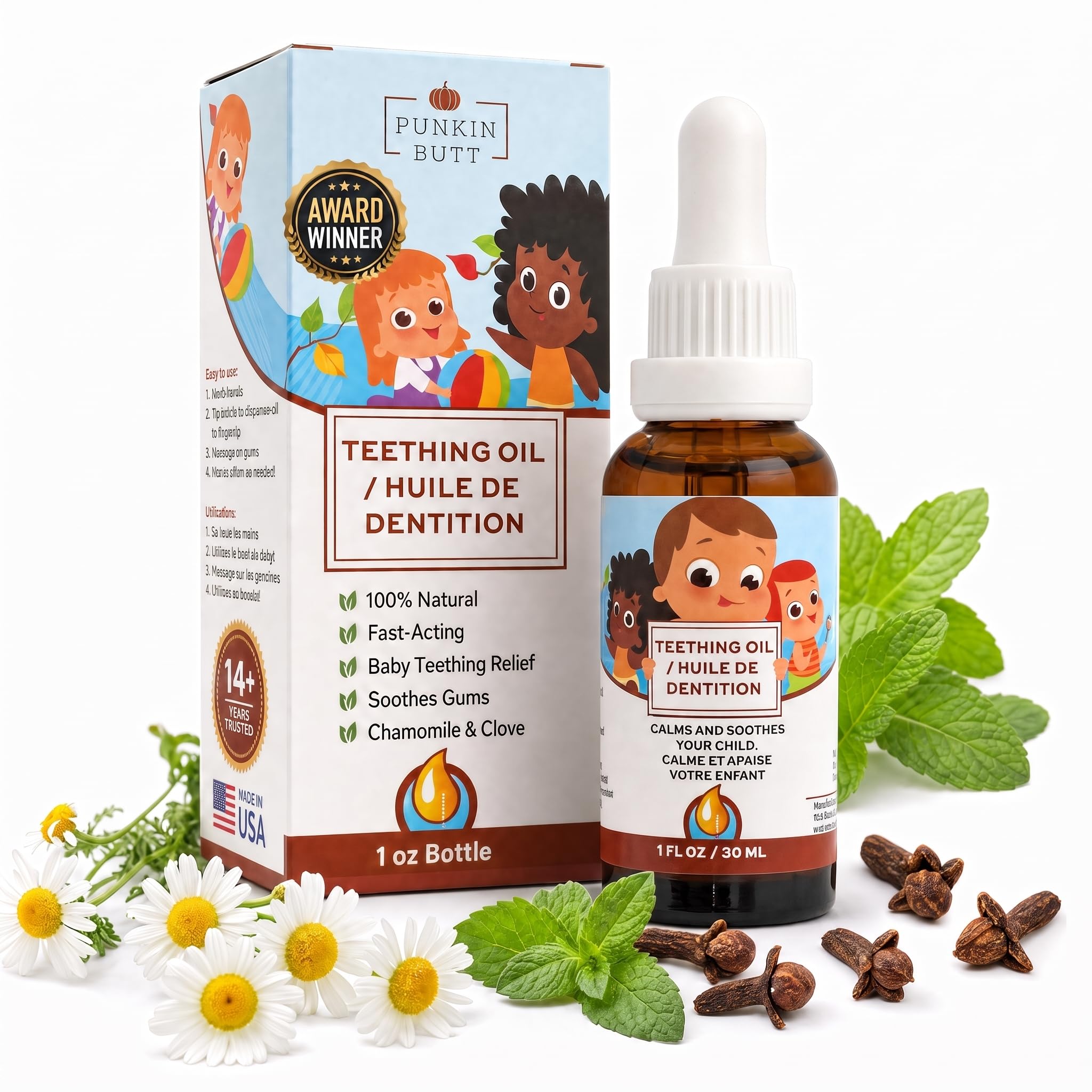 Punkin Butt - Natural Herbal Teething Oil for Babies - Daily Use Soothing Relief Drops | Baby, Infant, Toddler Gum &amp; Tooth Relief | Organic Chamomile, Clove &amp; Peppermint Infusion - 1oz with Dropper